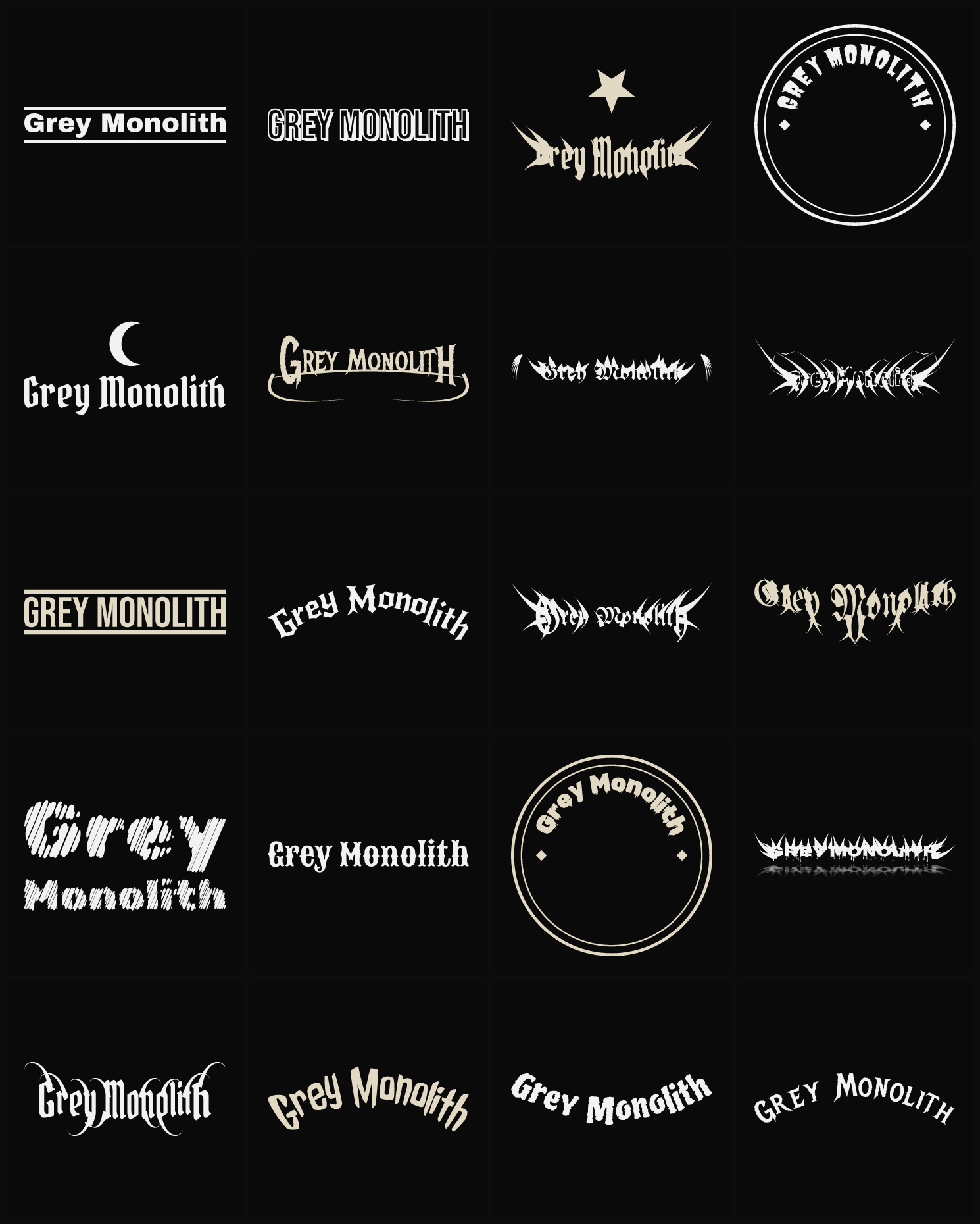 Twenty Grey Monolith band logo ideas — different faces, treatments and spike settings