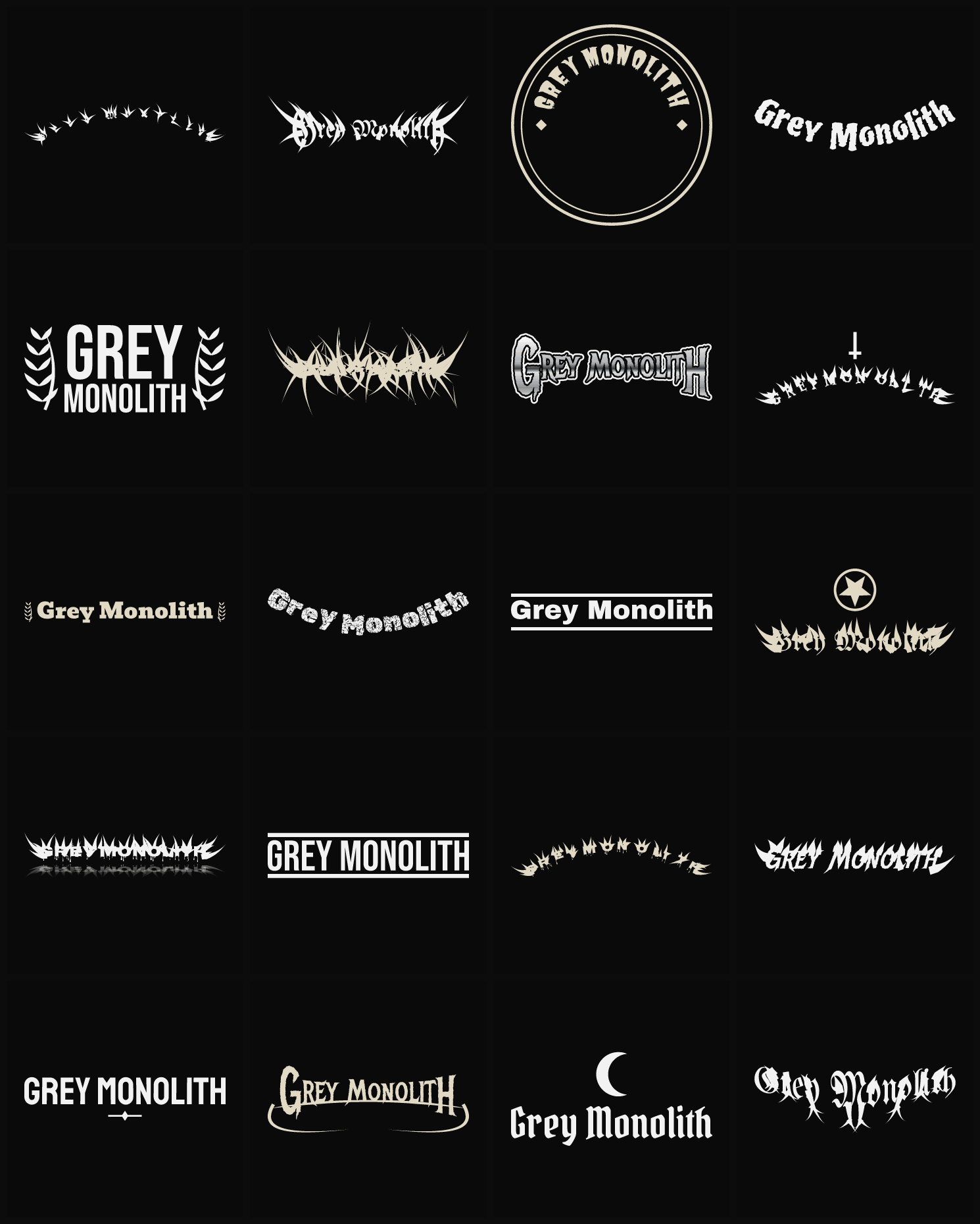 Twenty Grey Monolith band logo ideas — different faces, treatments and spike settings