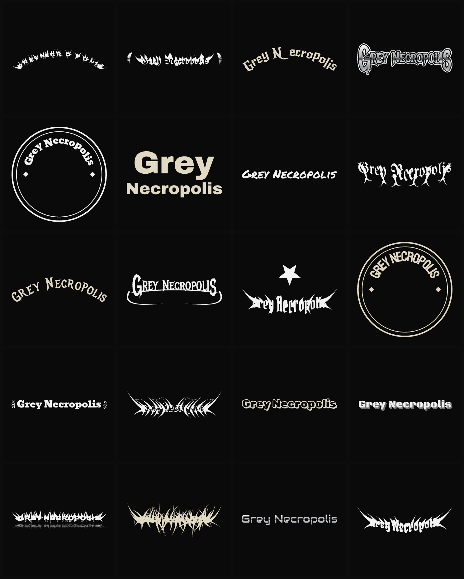 Twenty Grey Necropolis band logo ideas — different faces, treatments and spike settings