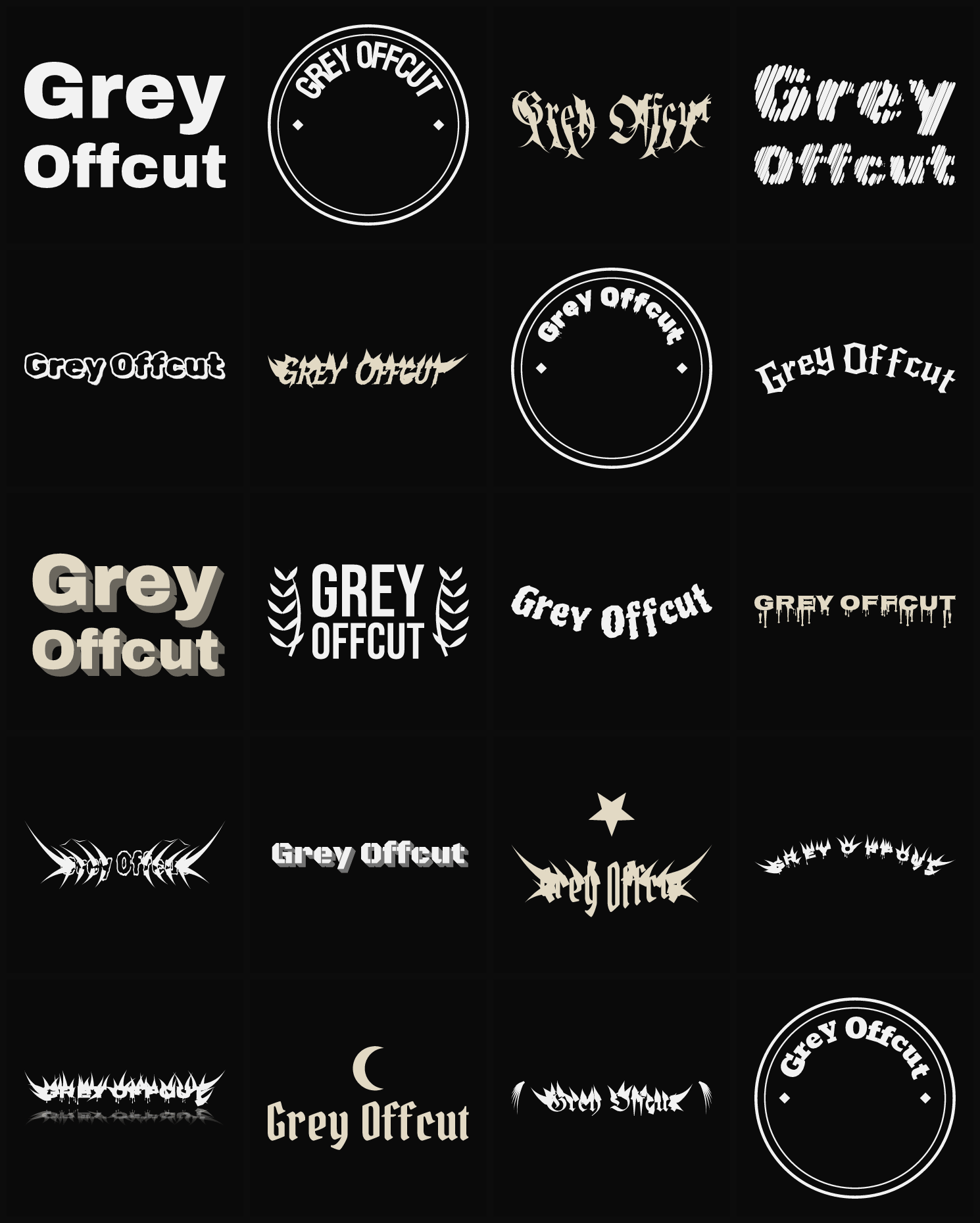 Twenty Grey Offcut band logo ideas — different faces, treatments and spike settings