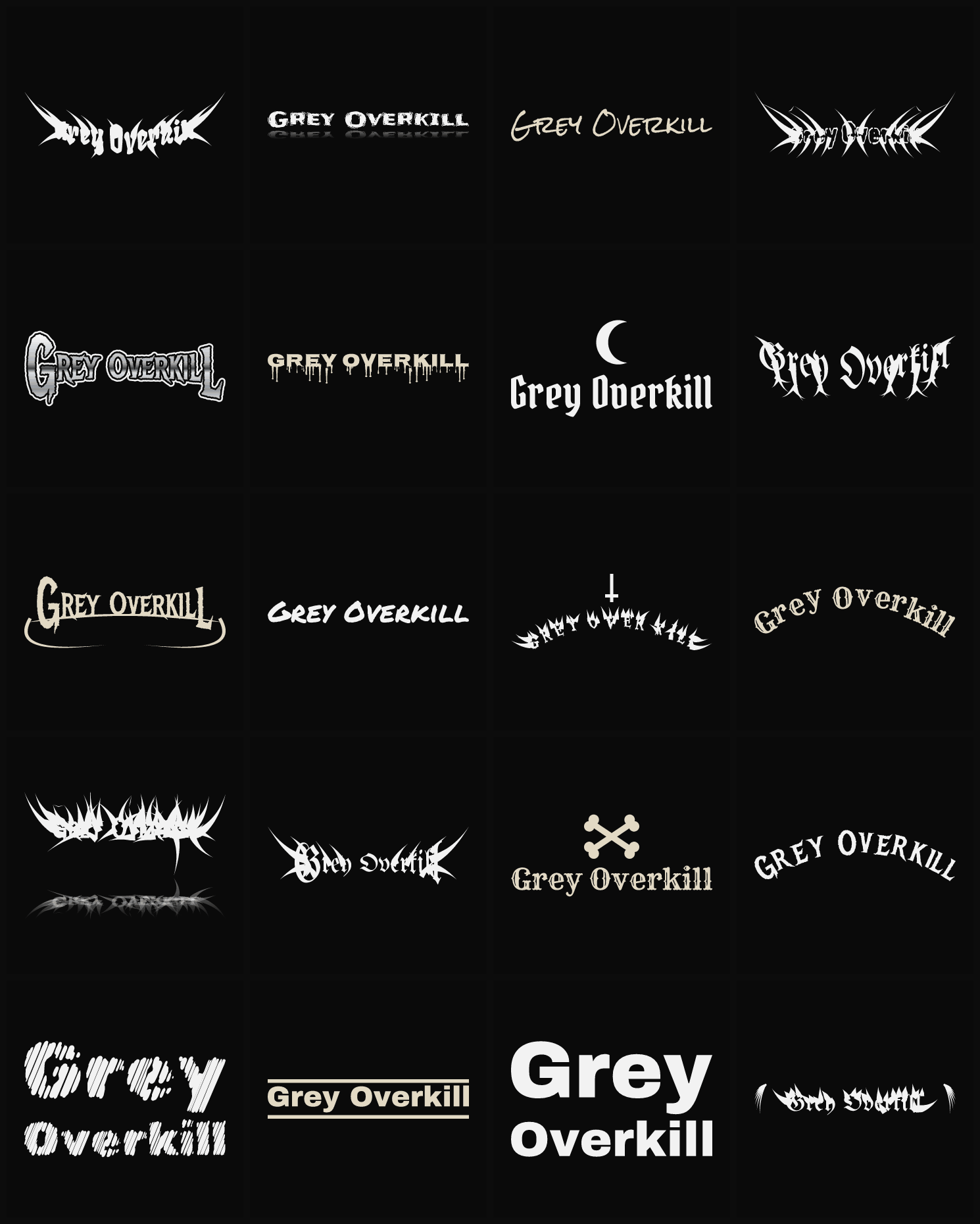 Twenty Grey Overkill band logo ideas — different faces, treatments and spike settings