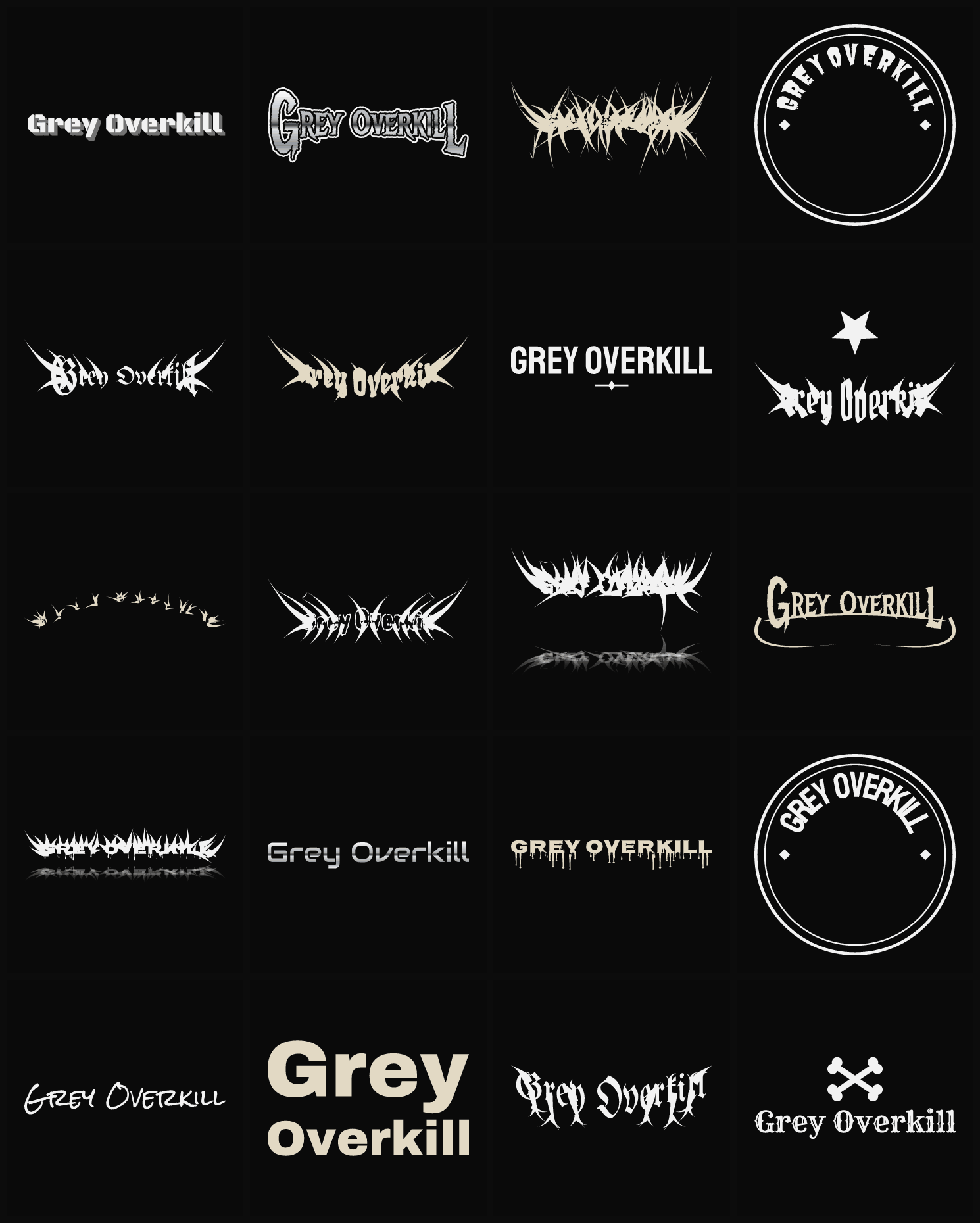 Twenty Grey Overkill band logo ideas — different faces, treatments and spike settings