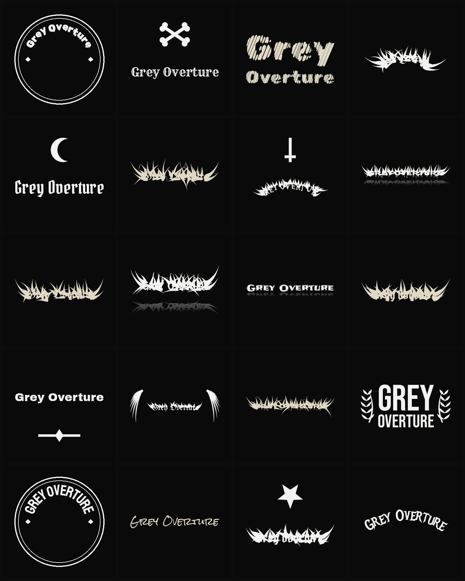 Twenty Grey Overture band logo ideas — different faces, treatments and spike settings