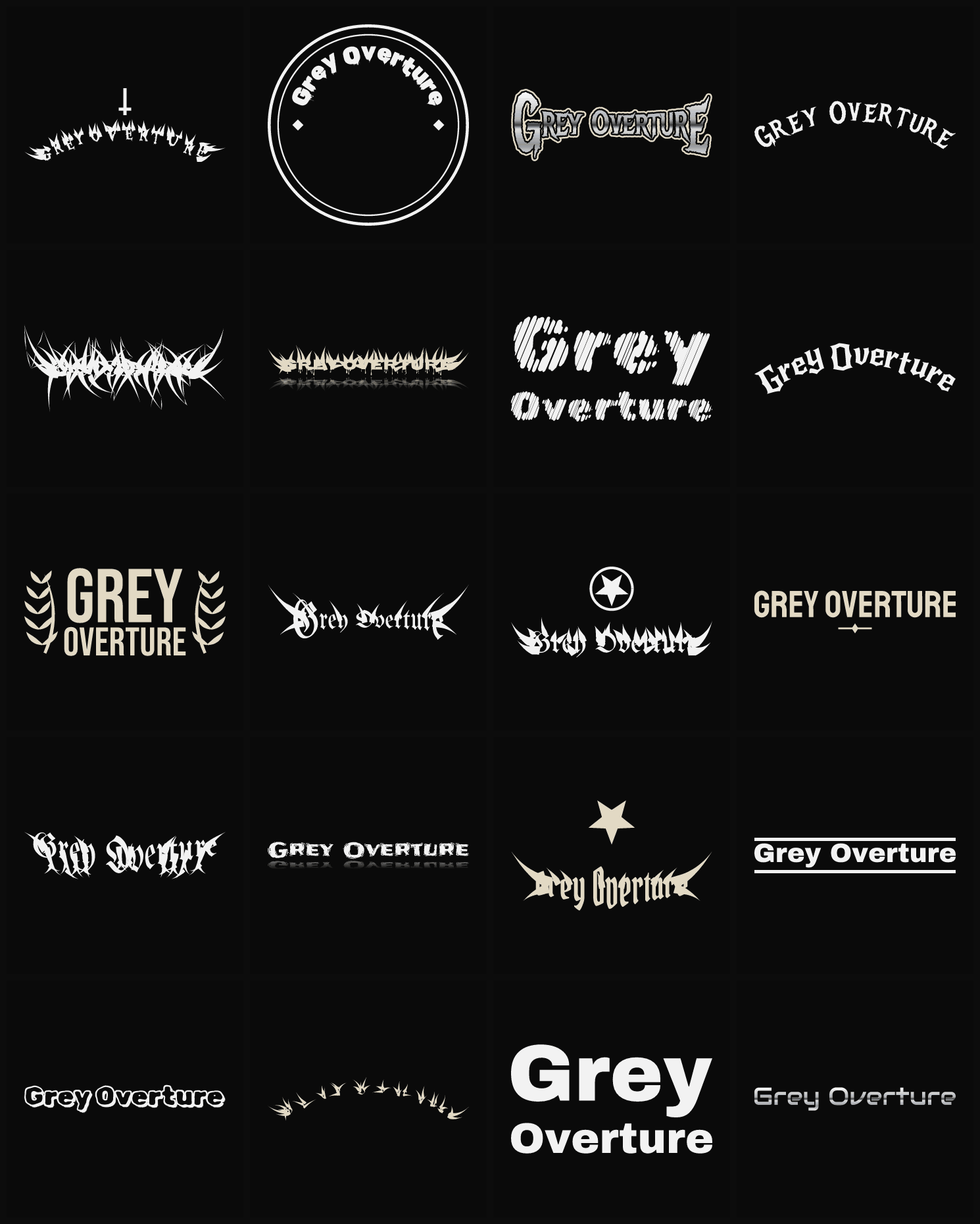 Twenty Grey Overture band logo ideas — different faces, treatments and spike settings