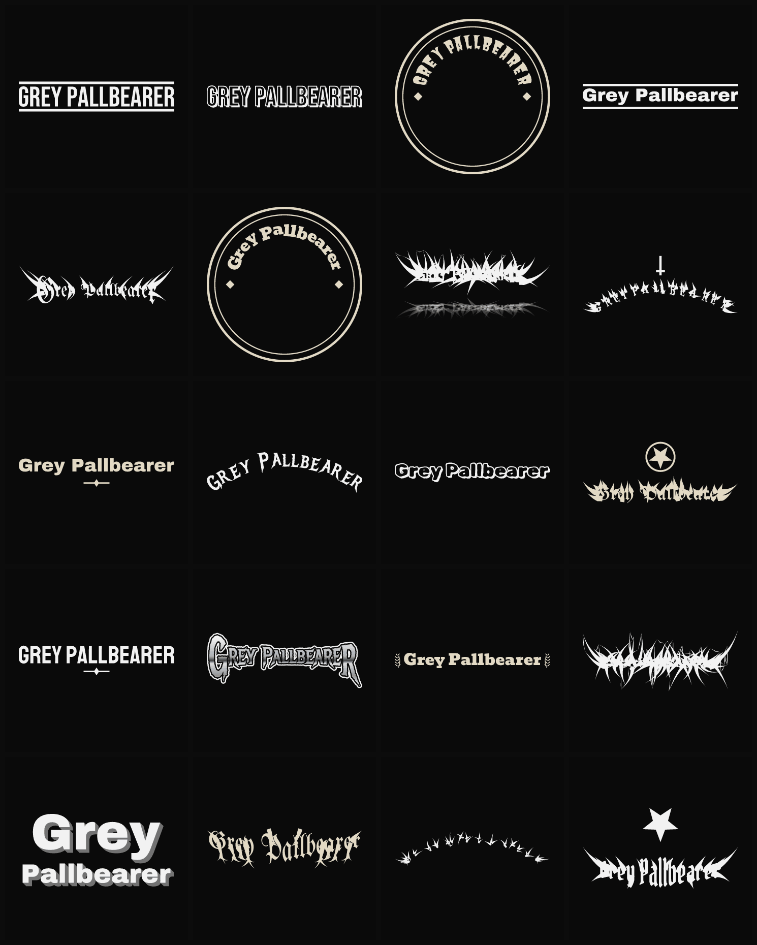 Twenty Grey Pallbearer band logo ideas — different faces, treatments and spike settings