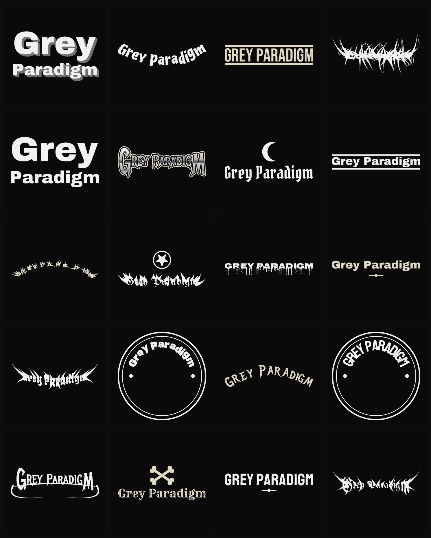 Twenty Grey Paradigm band logo ideas — different faces, treatments and spike settings