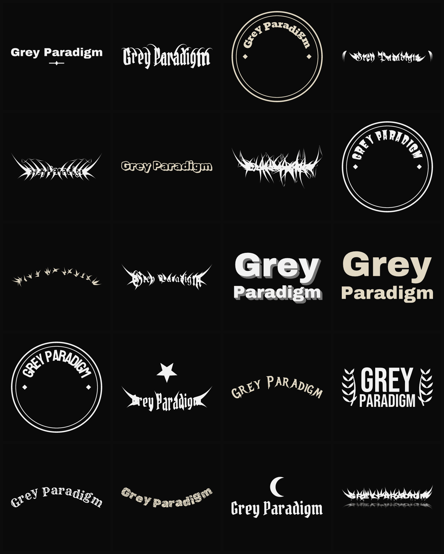 Twenty Grey Paradigm band logo ideas — different faces, treatments and spike settings