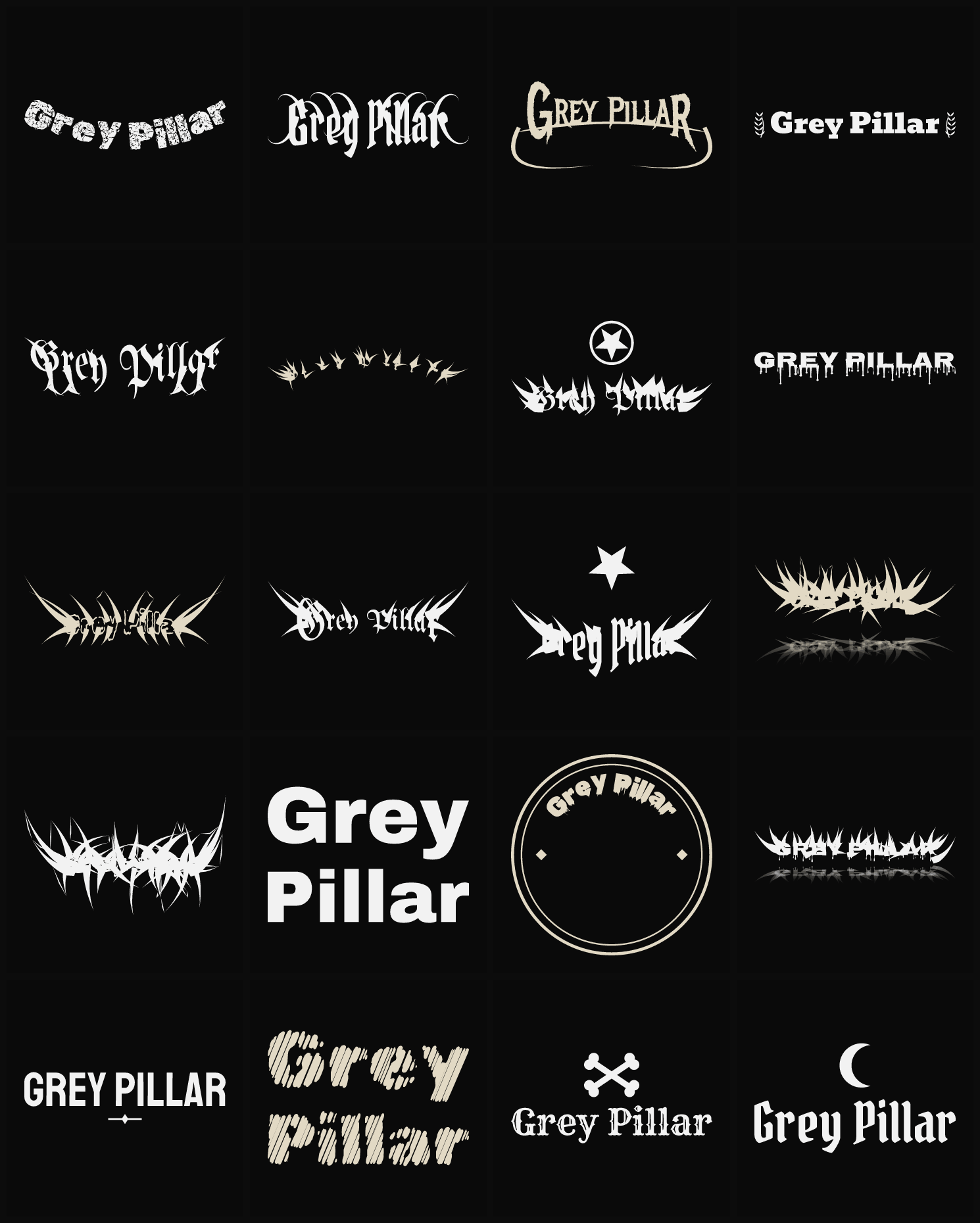 Twenty Grey Pillar band logo ideas — different faces, treatments and spike settings