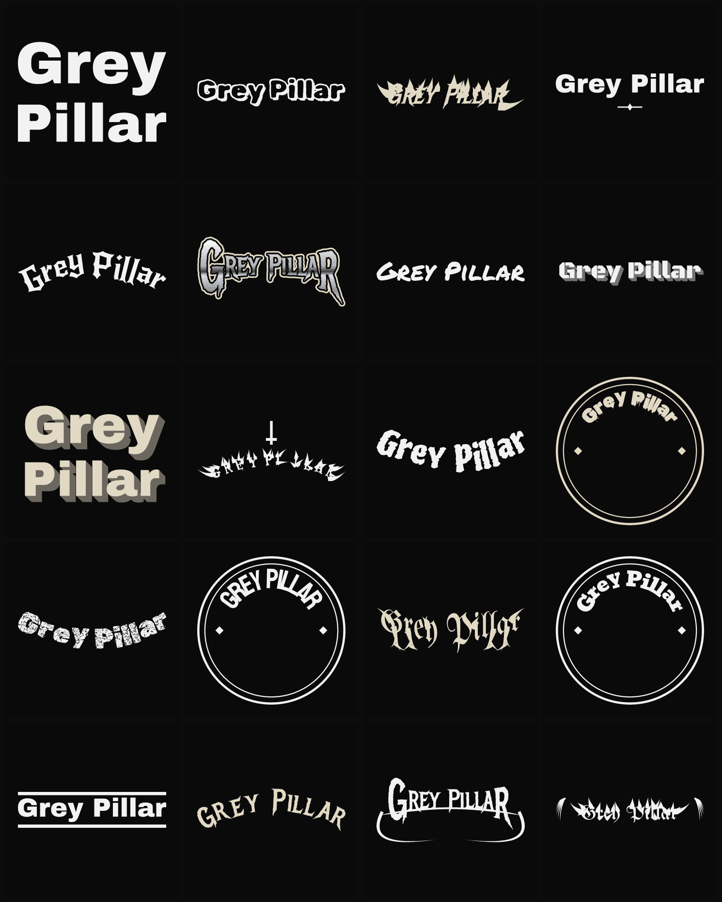 Twenty Grey Pillar band logo ideas — different faces, treatments and spike settings