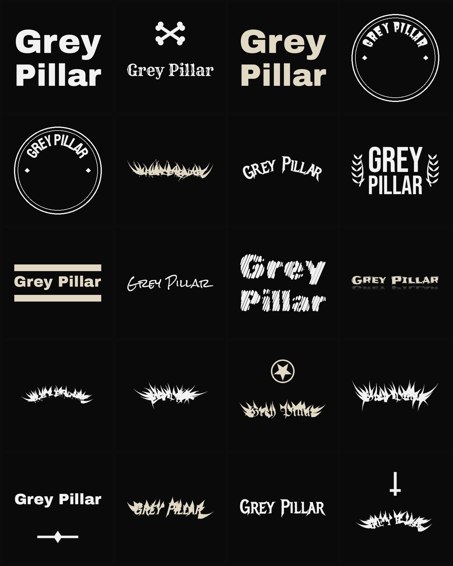 Twenty Grey Pillar band logo ideas — different faces, treatments and spike settings