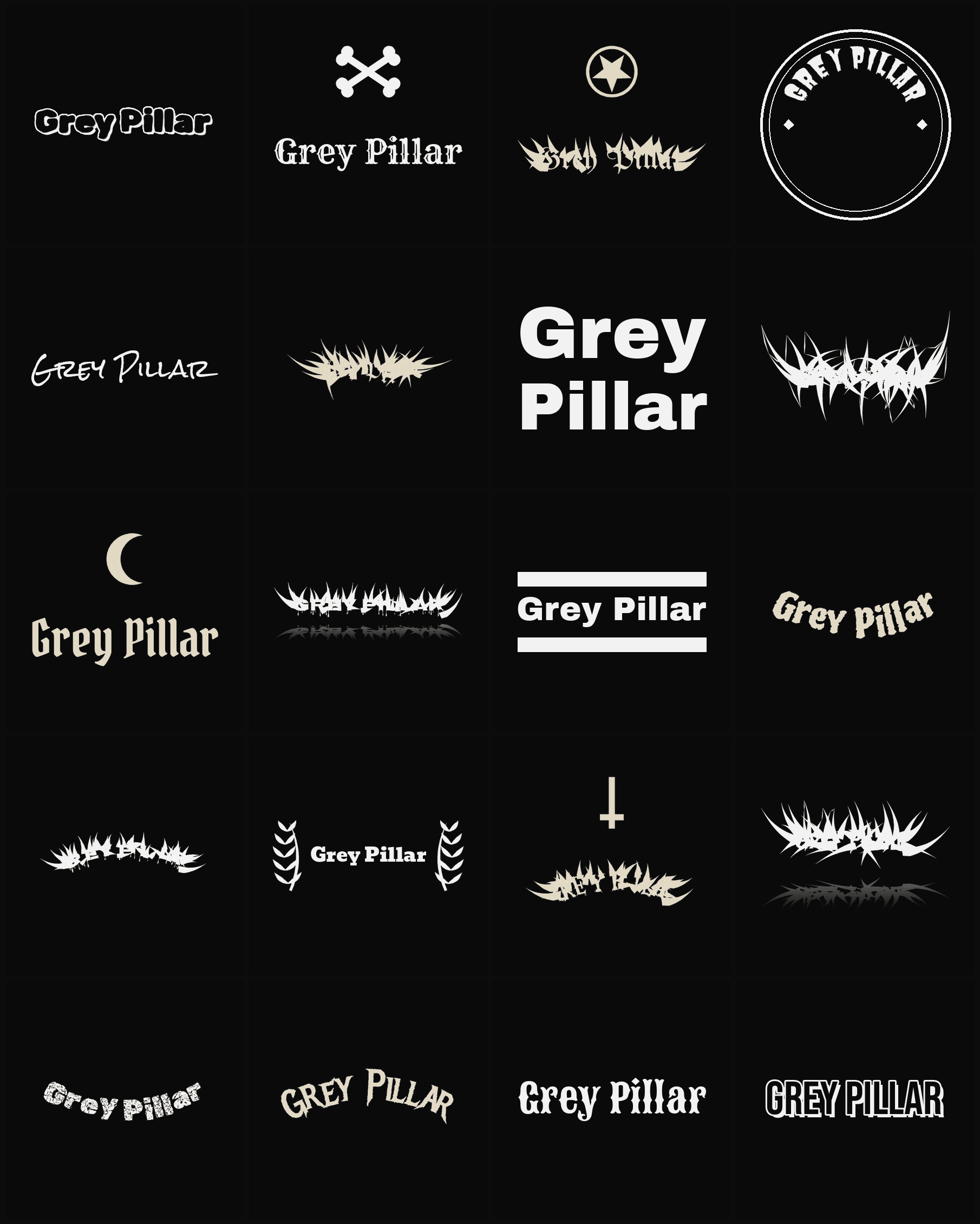 Twenty Grey Pillar band logo ideas — different faces, treatments and spike settings