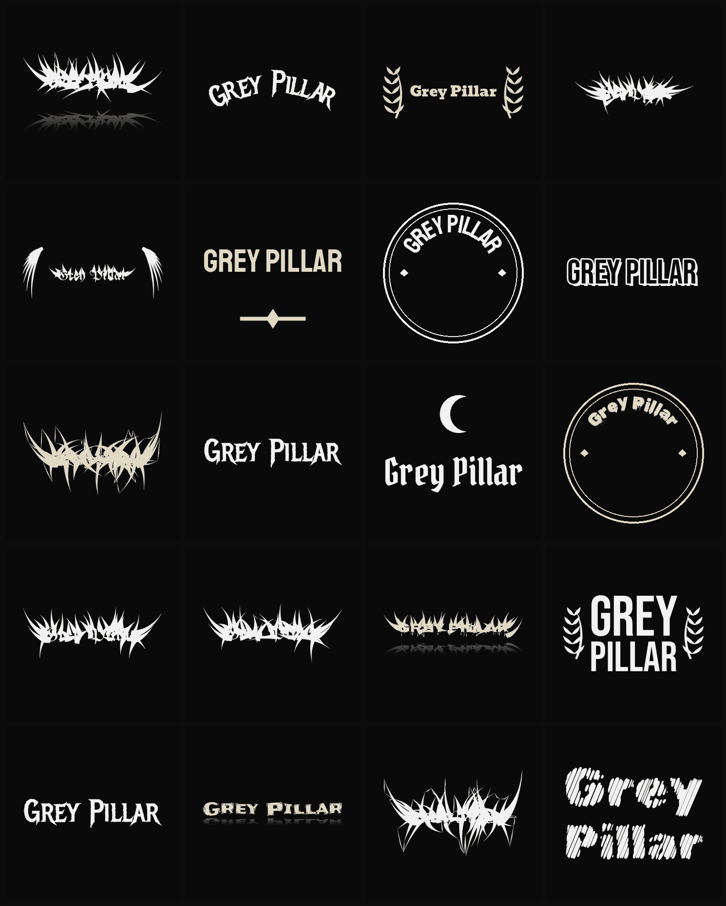Twenty Grey Pillar band logo ideas — different faces, treatments and spike settings