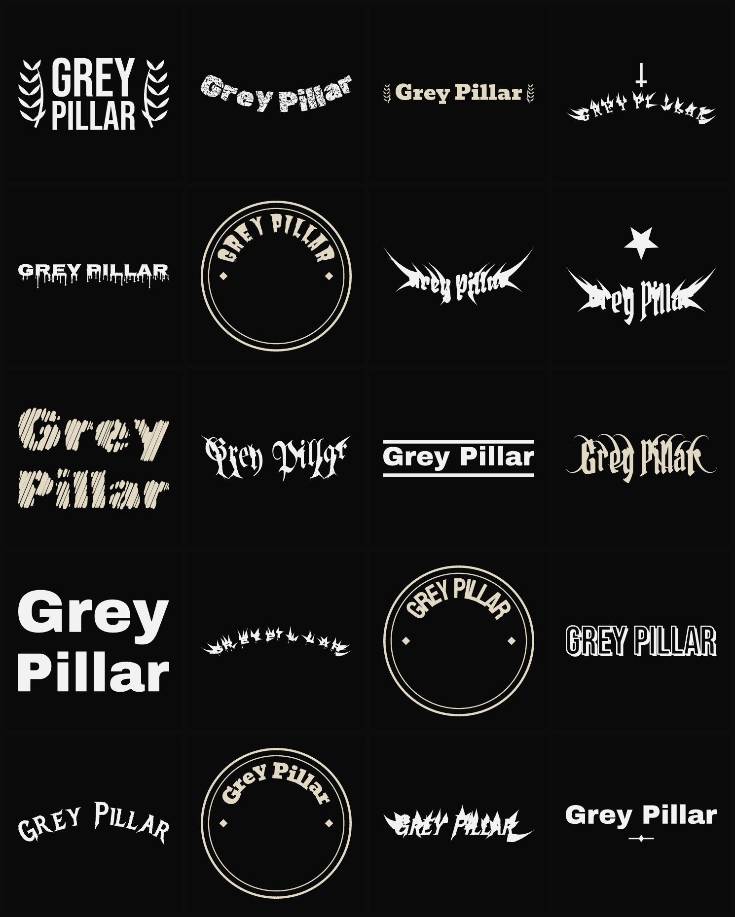 Twenty Grey Pillar band logo ideas — different faces, treatments and spike settings