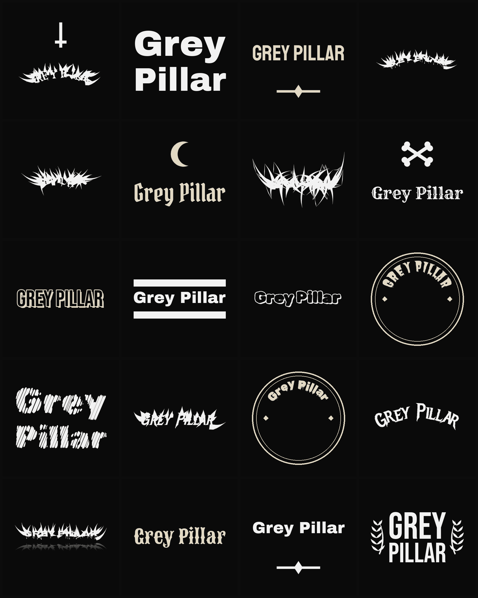 Twenty Grey Pillar band logo ideas — different faces, treatments and spike settings
