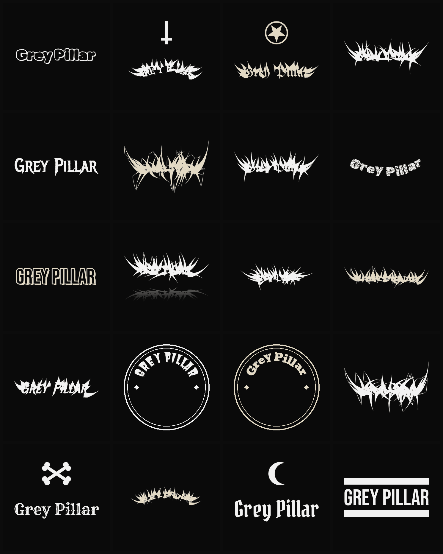Twenty Grey Pillar band logo ideas — different faces, treatments and spike settings
