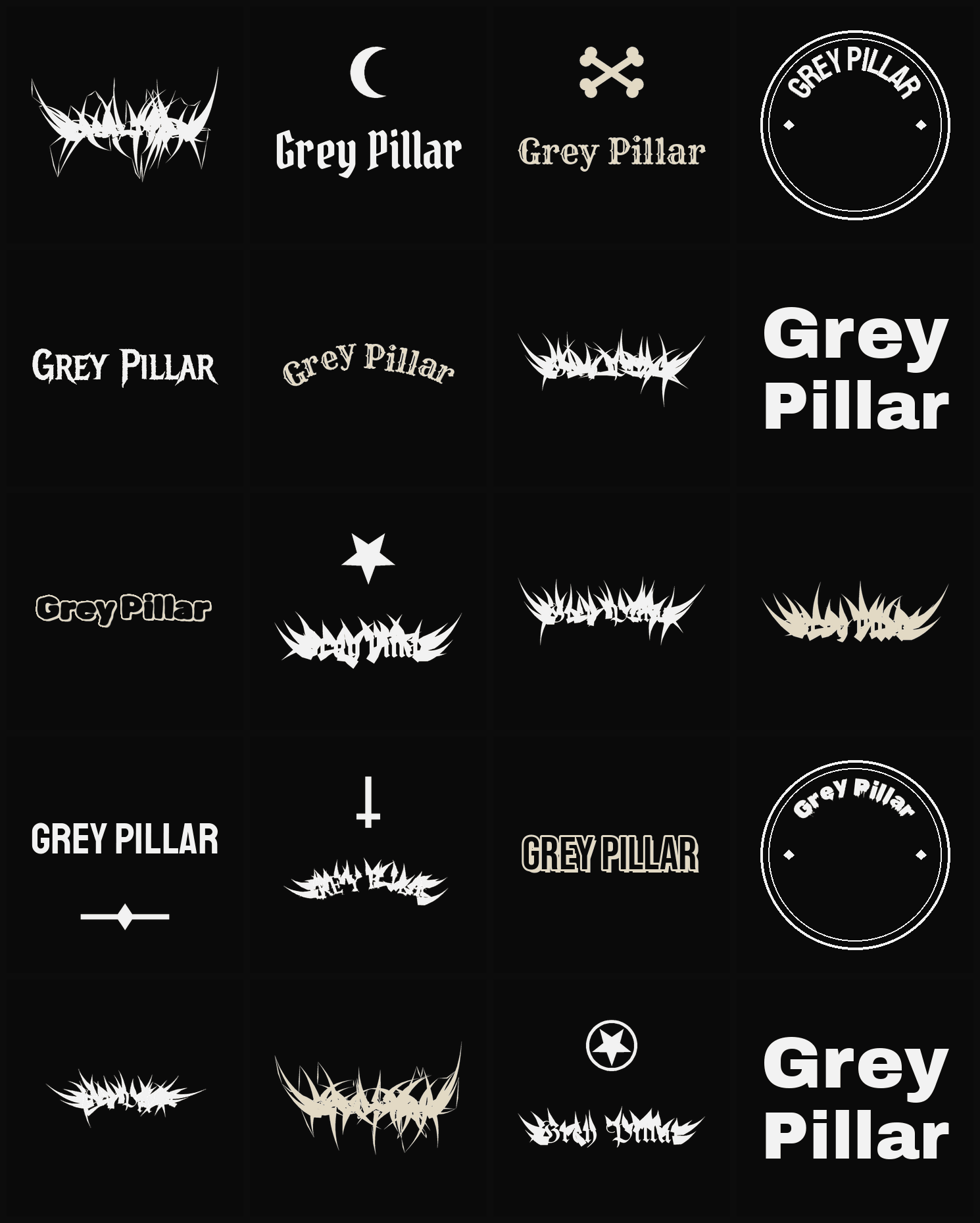 Twenty Grey Pillar band logo ideas — different faces, treatments and spike settings