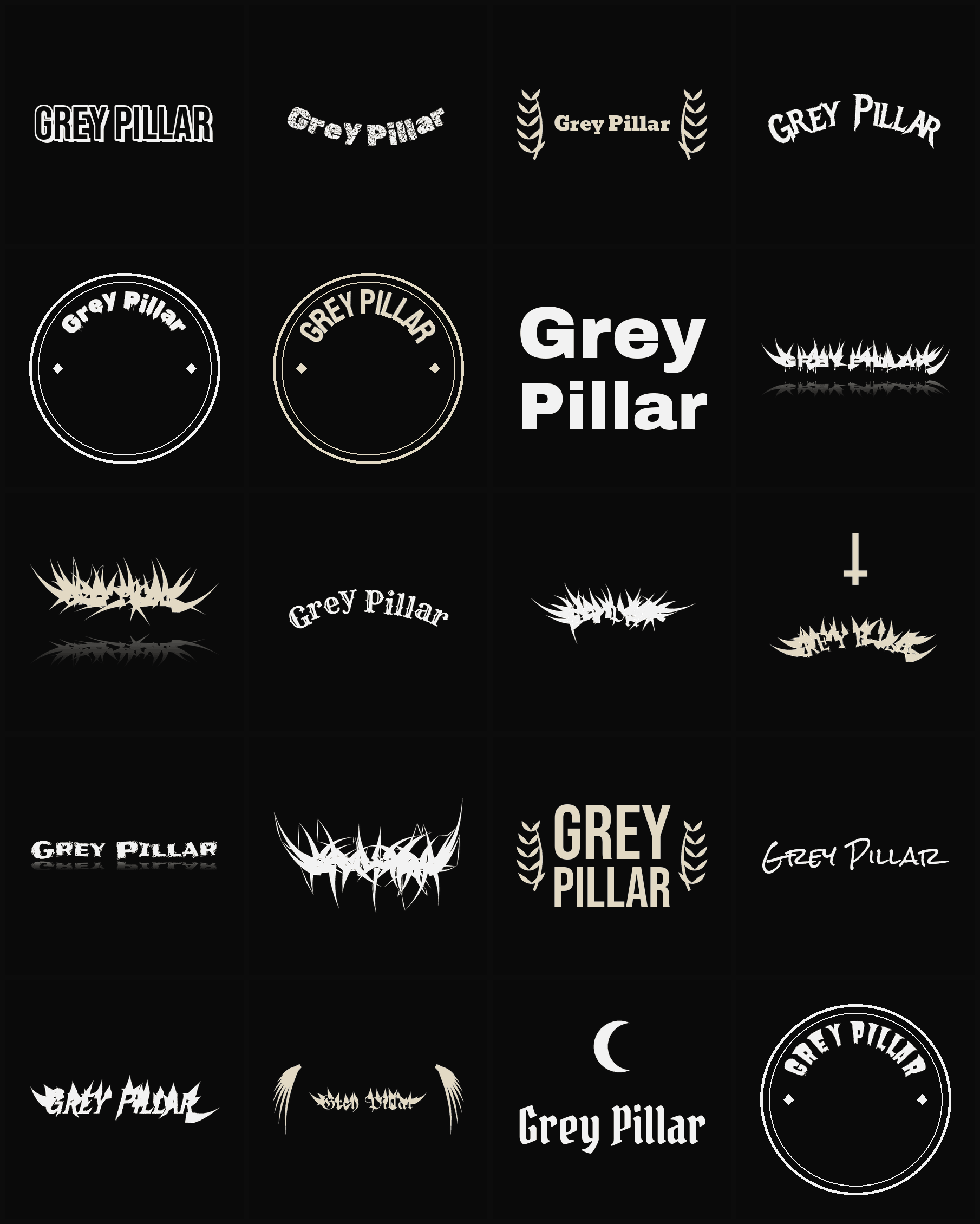 Twenty Grey Pillar band logo ideas — different faces, treatments and spike settings