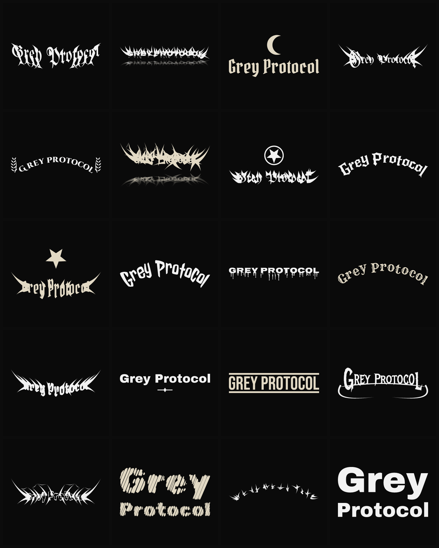 Twenty Grey Protocol band logo ideas — different faces, treatments and spike settings