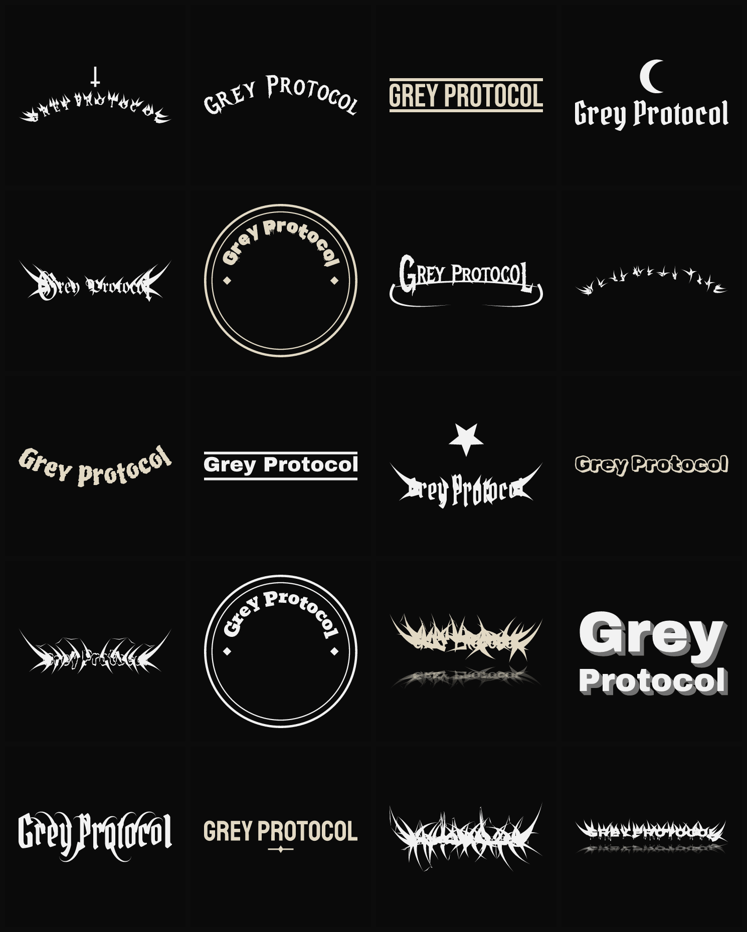 Twenty Grey Protocol band logo ideas — different faces, treatments and spike settings