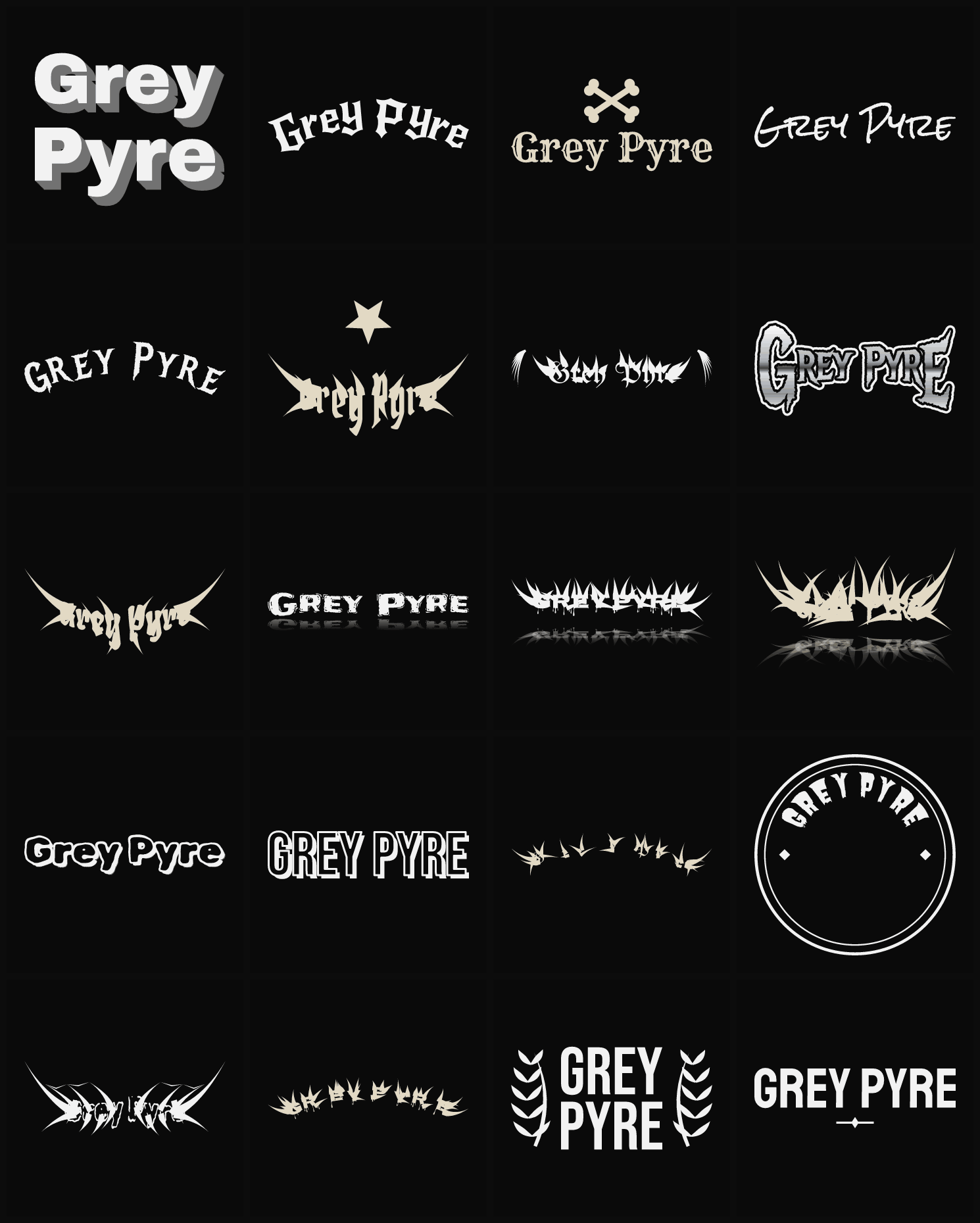 Twenty Grey Pyre band logo ideas — different faces, treatments and spike settings
