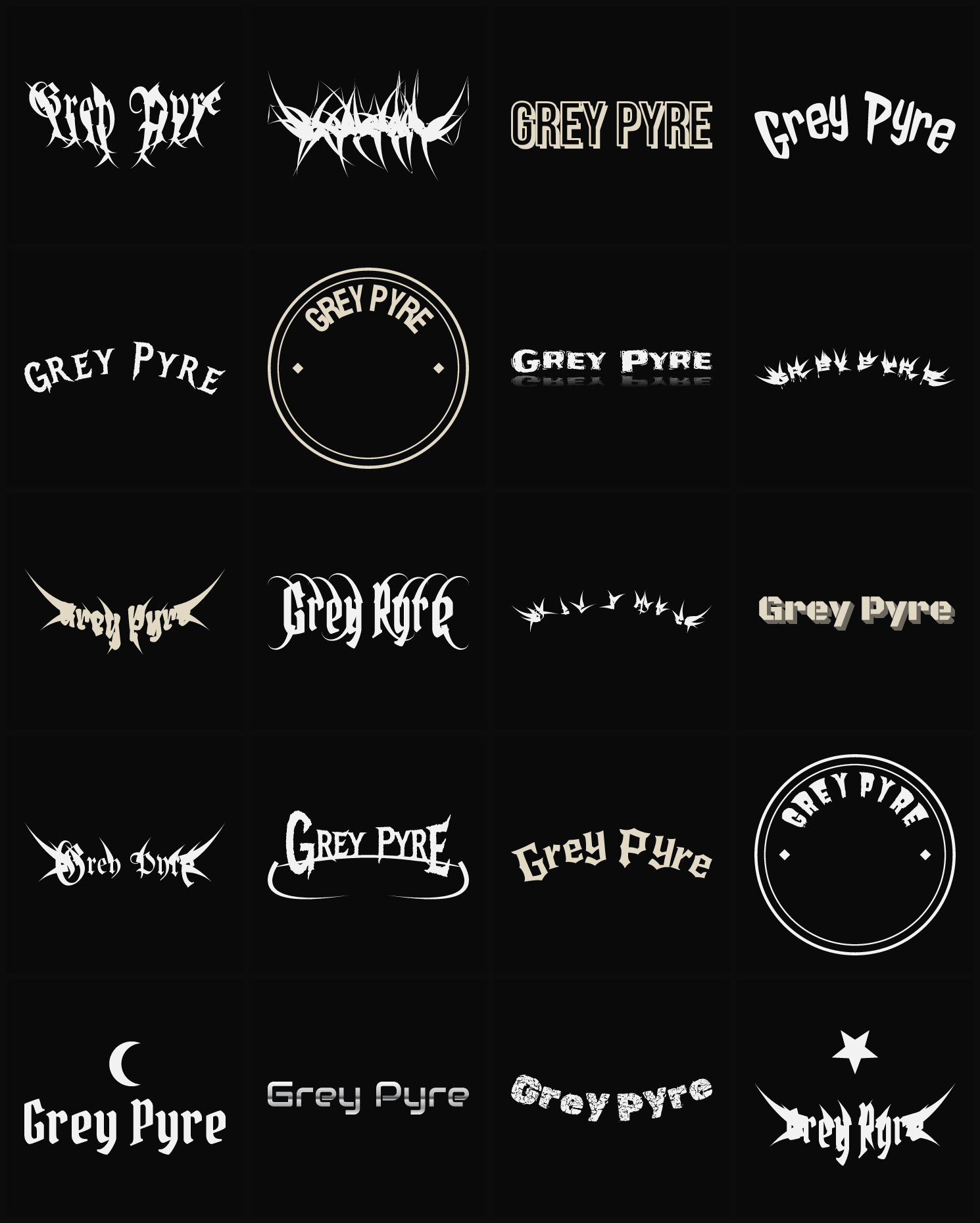 Twenty Grey Pyre band logo ideas — different faces, treatments and spike settings