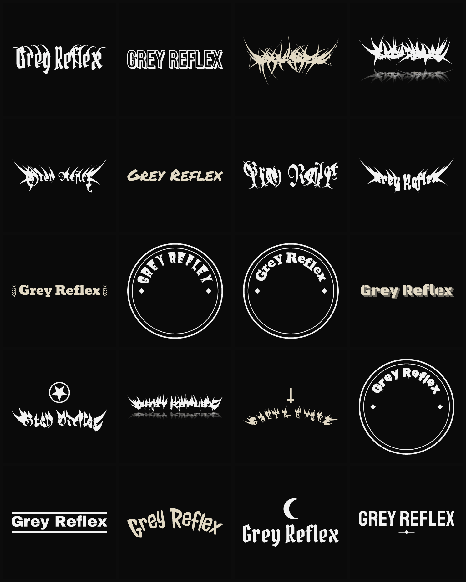 Twenty Grey Reflex band logo ideas — different faces, treatments and spike settings