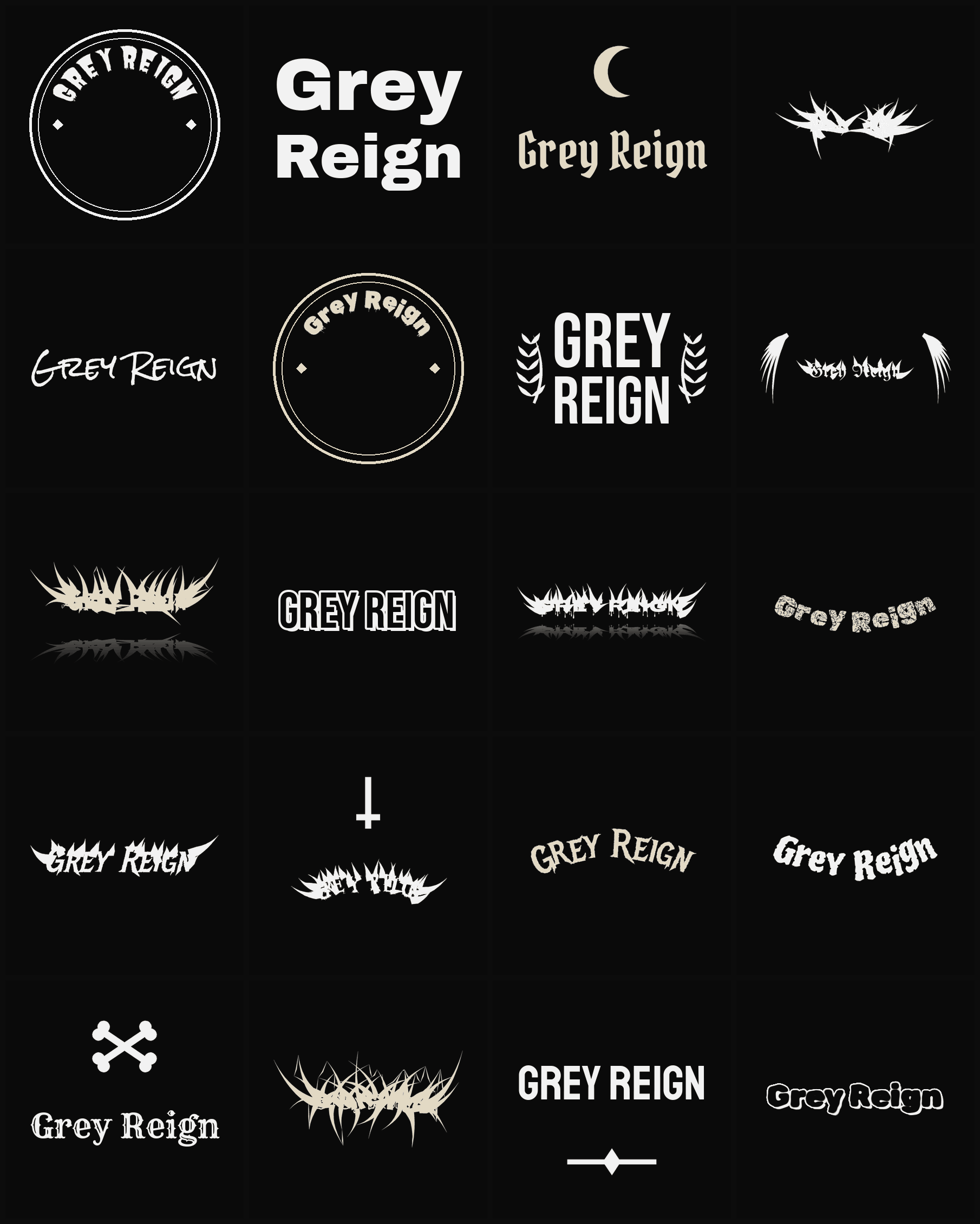 Twenty Grey Reign band logo ideas — different faces, treatments and spike settings