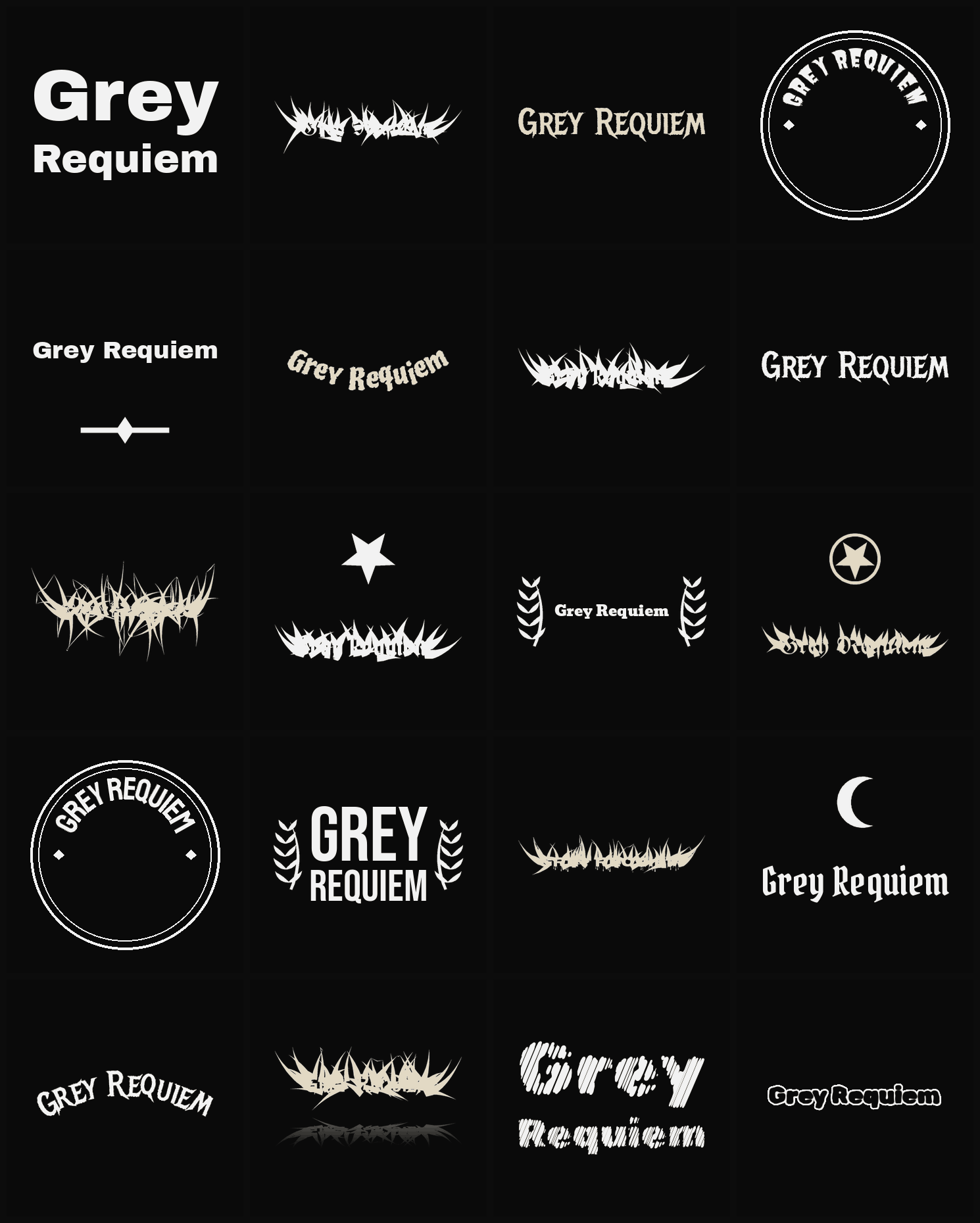 Twenty Grey Requiem band logo ideas — different faces, treatments and spike settings