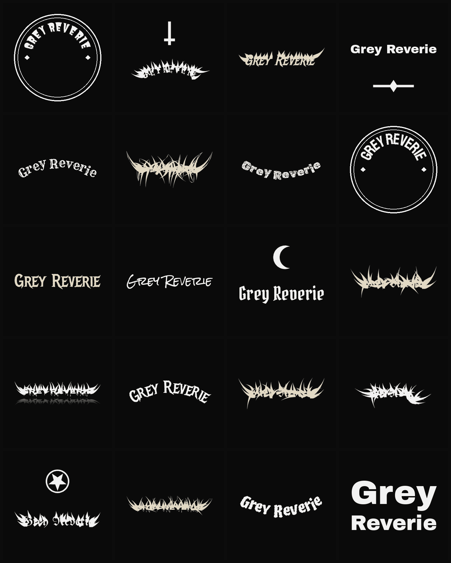 Twenty Grey Reverie band logo ideas — different faces, treatments and spike settings