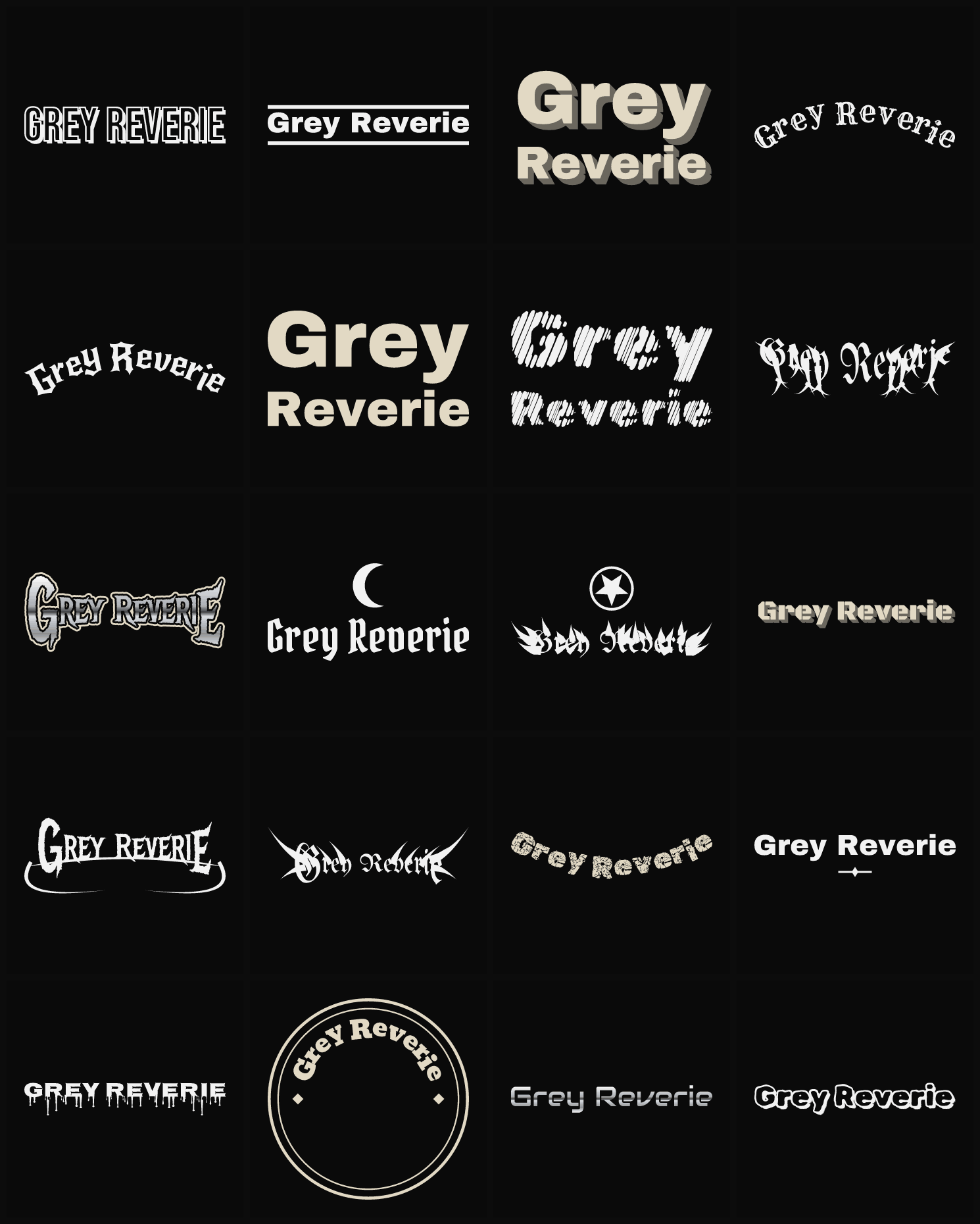 Twenty Grey Reverie band logo ideas — different faces, treatments and spike settings