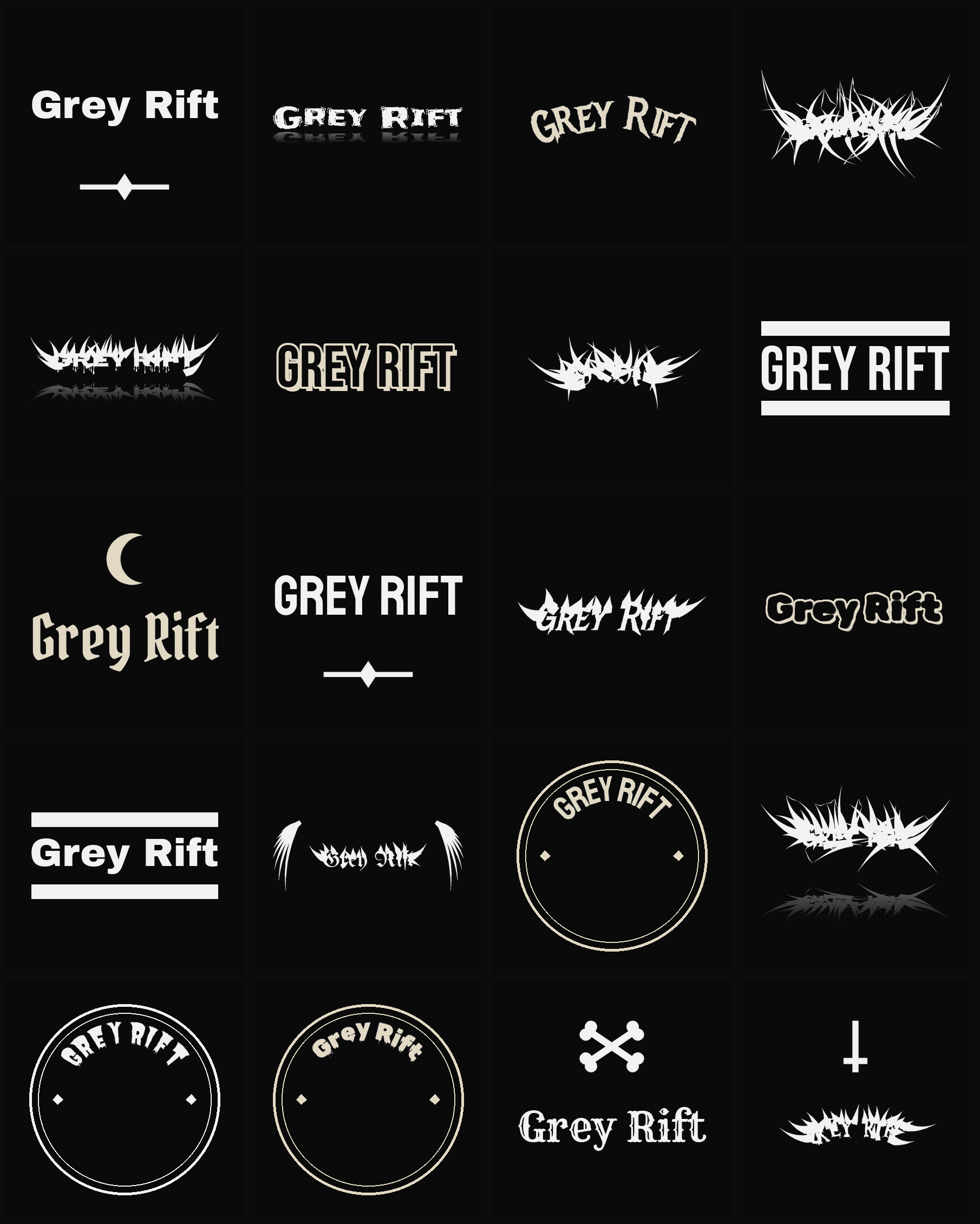 Twenty Grey Rift band logo ideas — different faces, treatments and spike settings