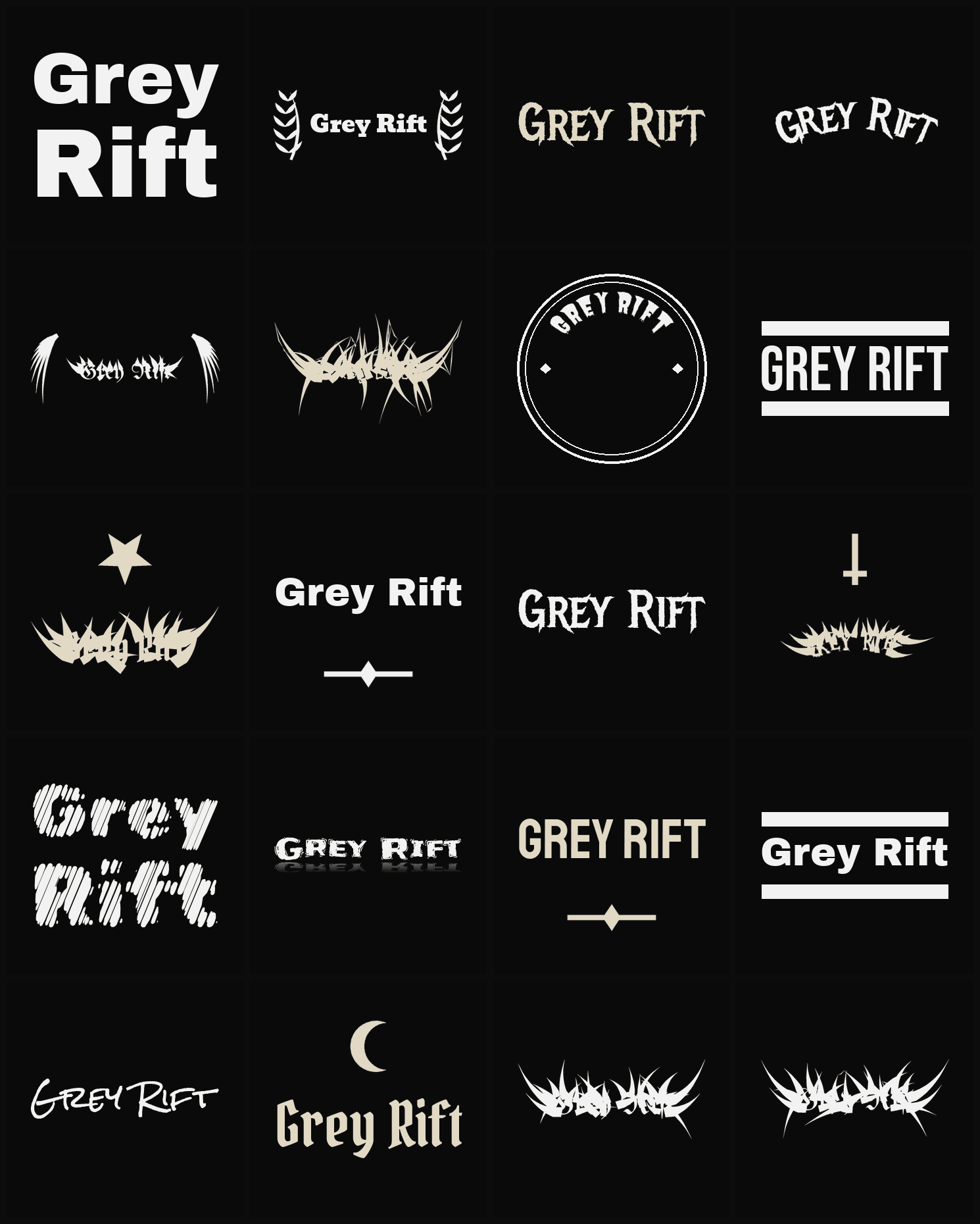 Twenty Grey Rift band logo ideas — different faces, treatments and spike settings