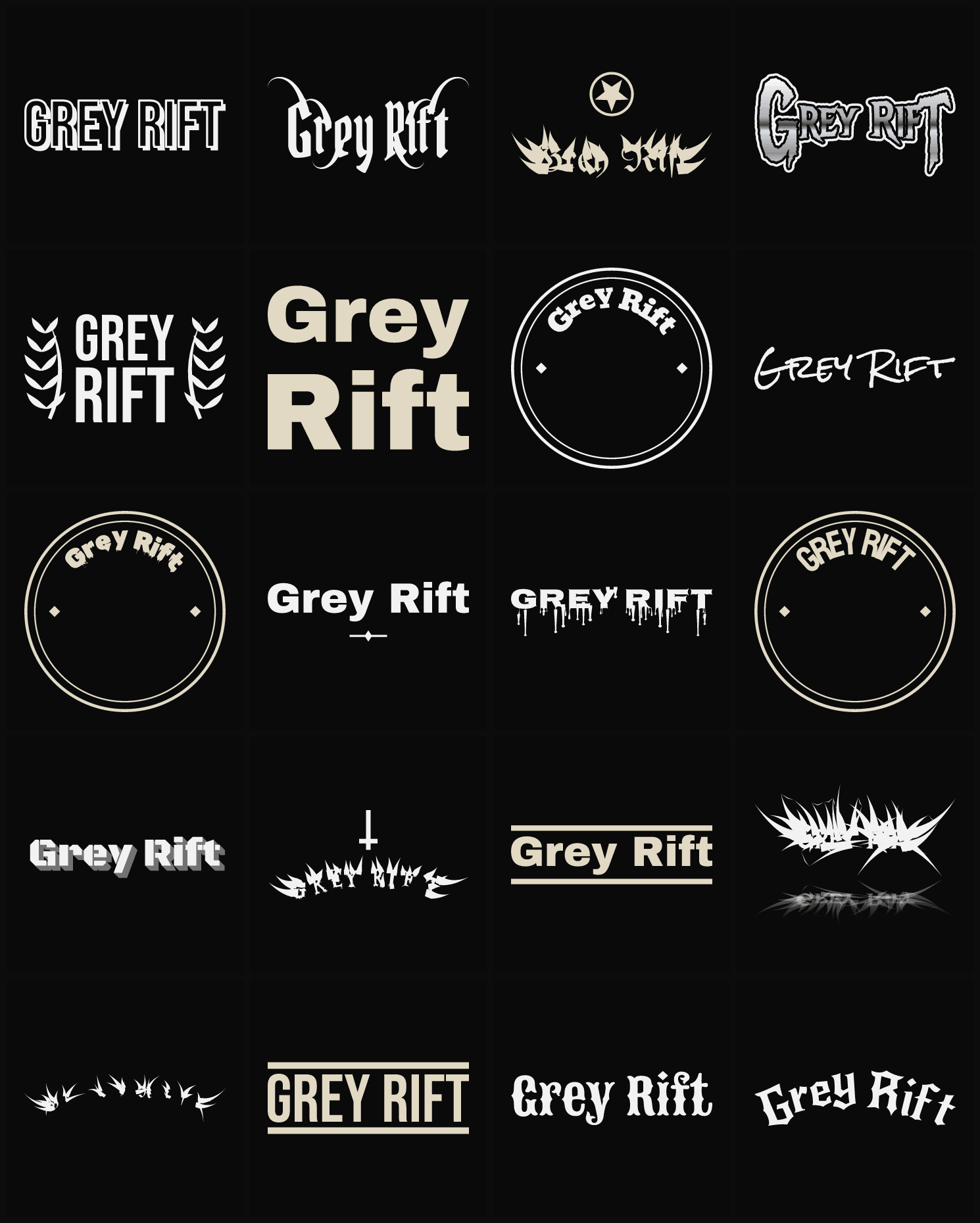 Twenty Grey Rift band logo ideas — different faces, treatments and spike settings