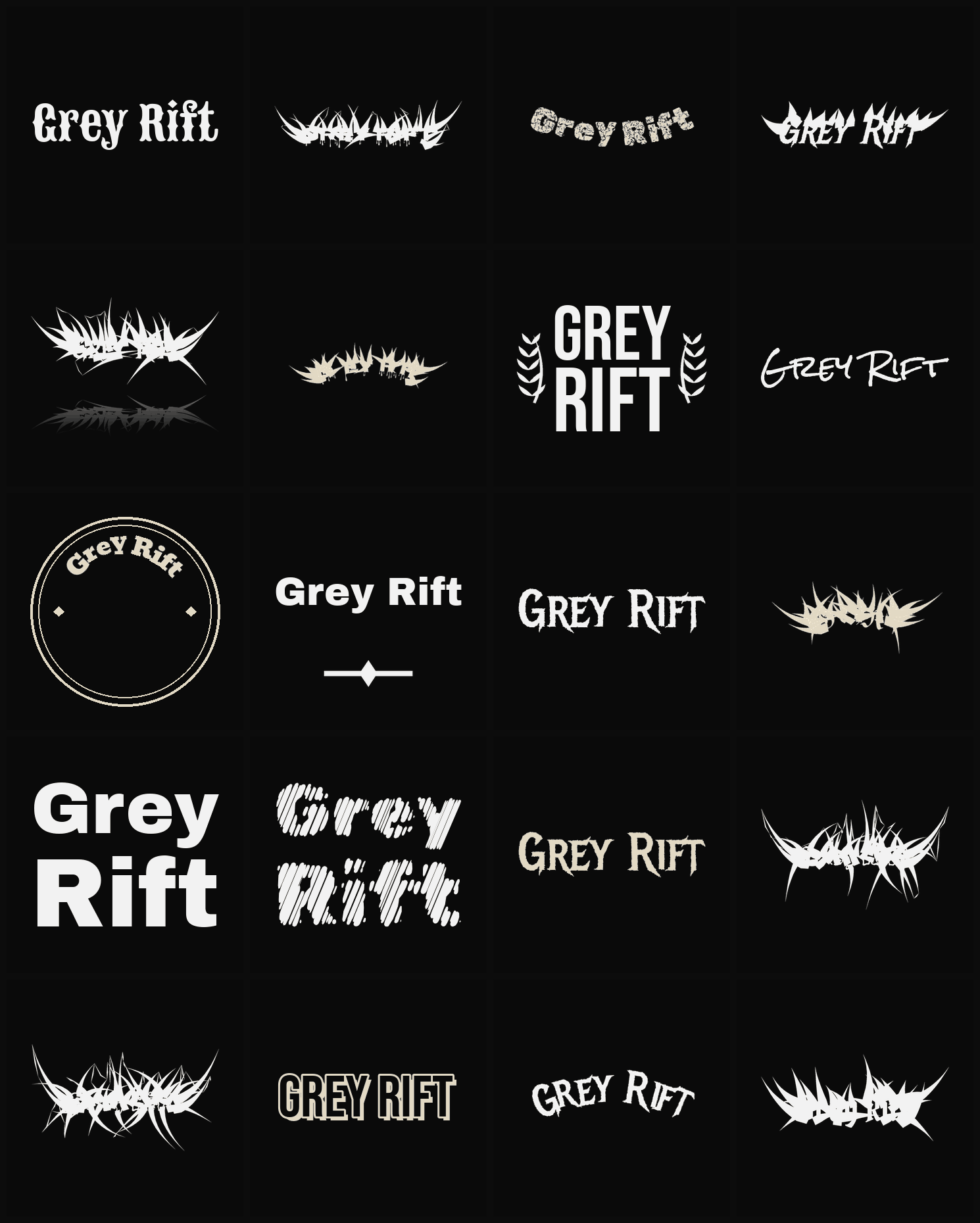 Twenty Grey Rift band logo ideas — different faces, treatments and spike settings