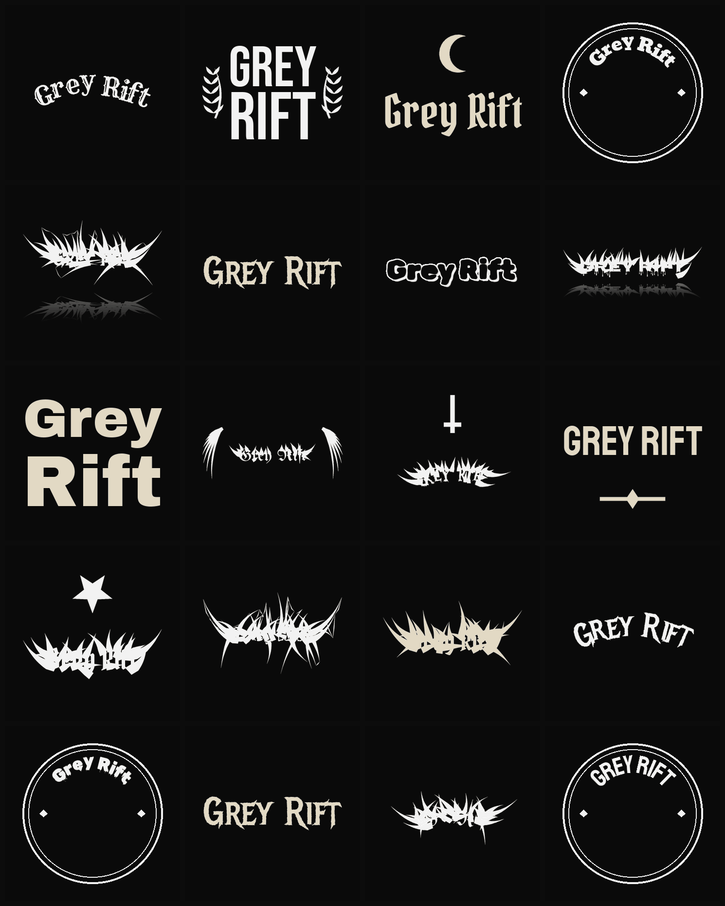 Twenty Grey Rift band logo ideas — different faces, treatments and spike settings