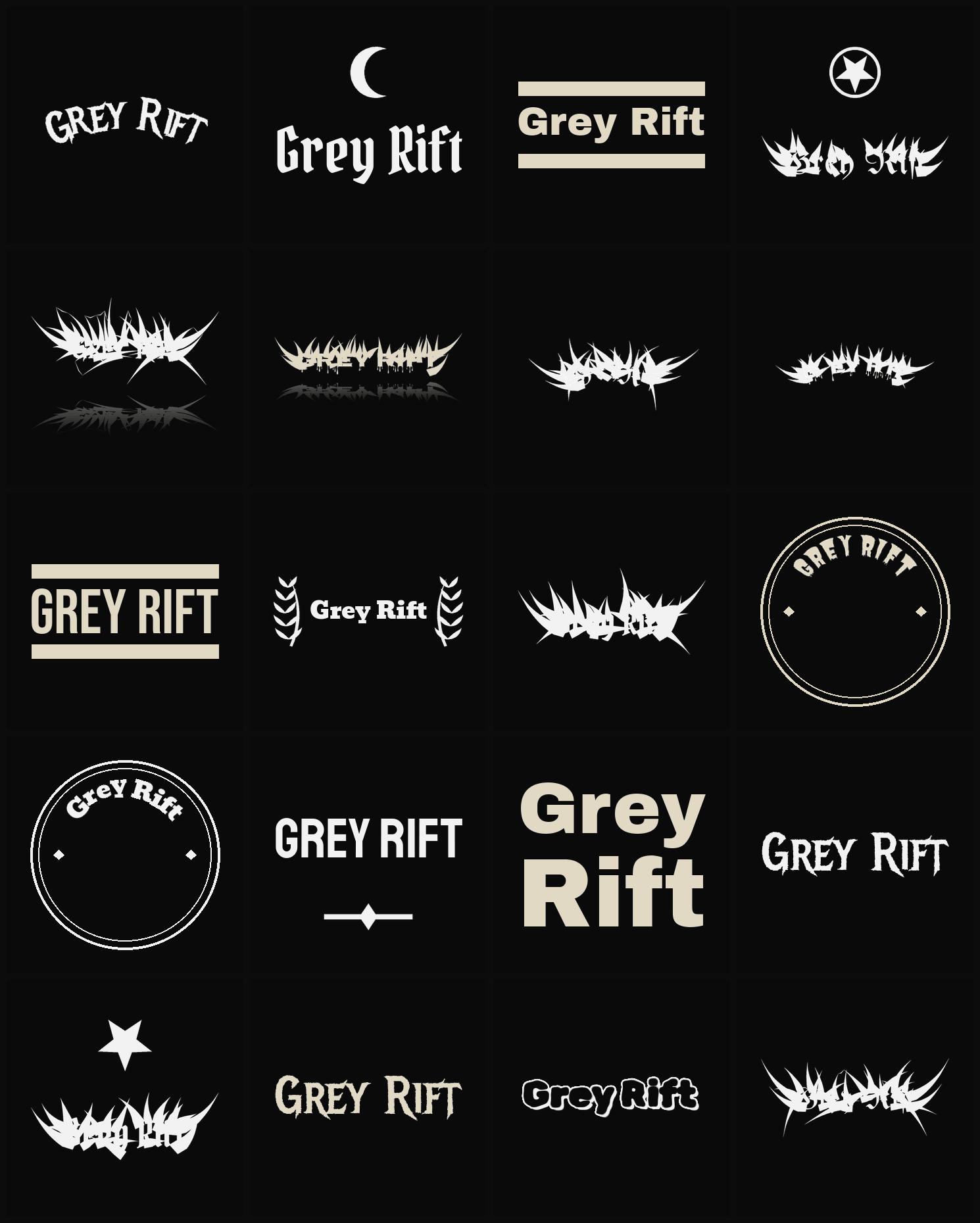 Twenty Grey Rift band logo ideas — different faces, treatments and spike settings