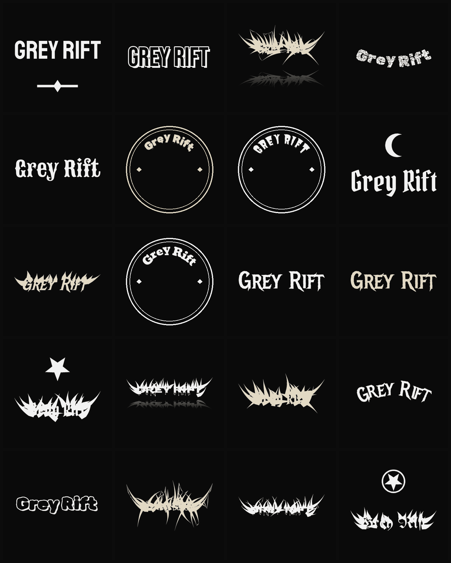 Twenty Grey Rift band logo ideas — different faces, treatments and spike settings