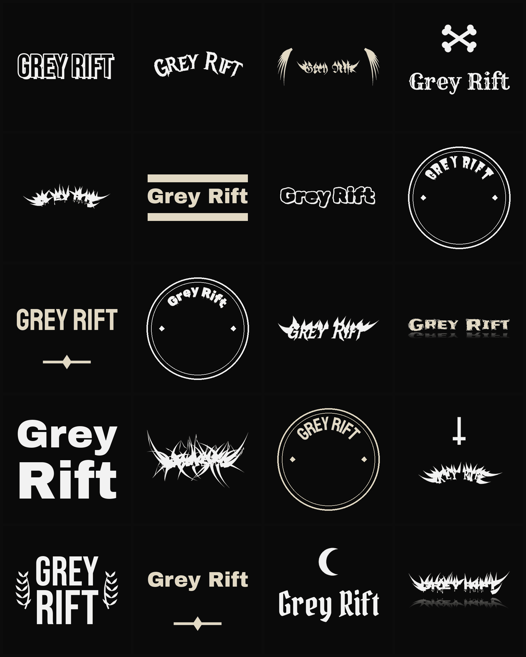 Twenty Grey Rift band logo ideas — different faces, treatments and spike settings