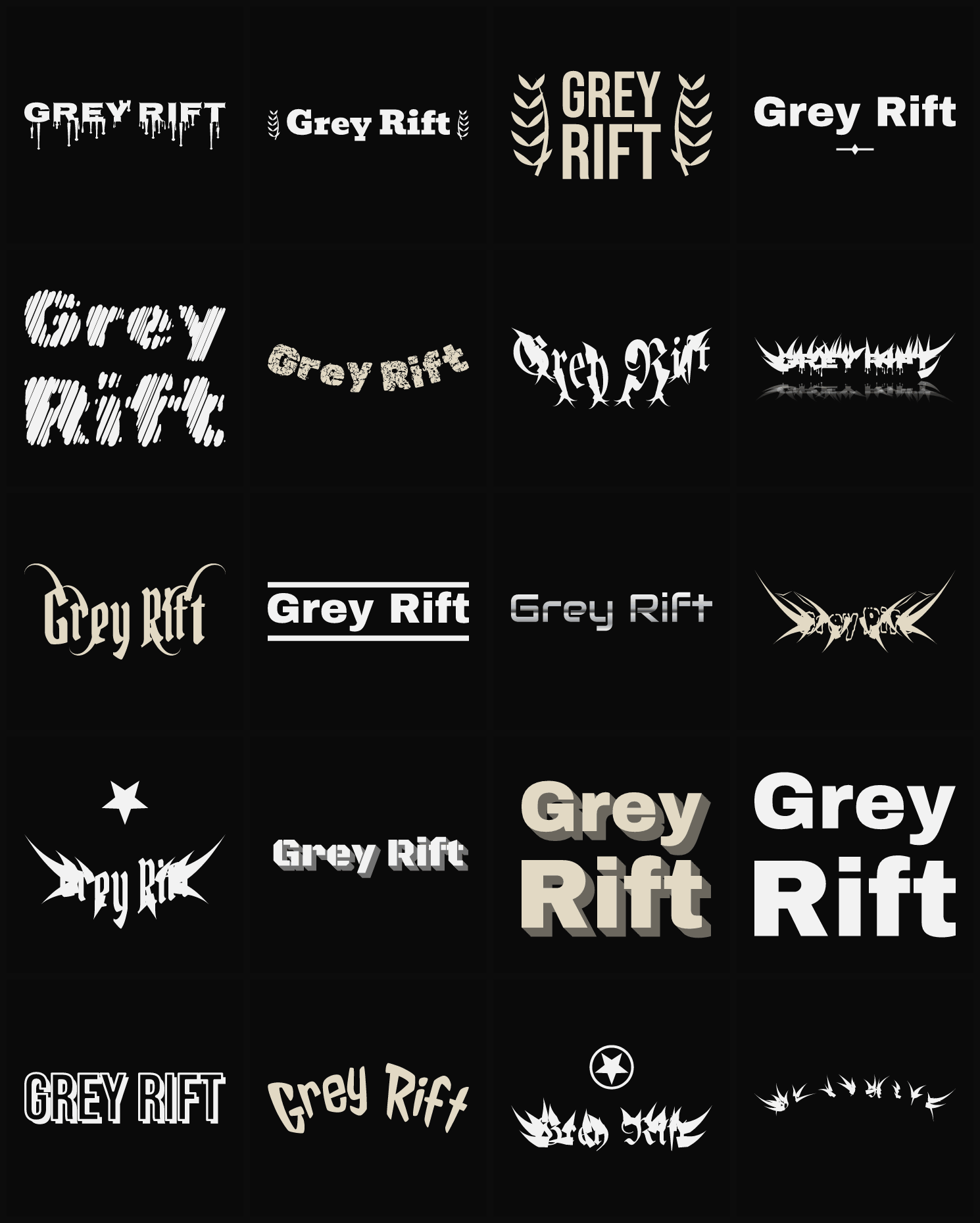 Twenty Grey Rift band logo ideas — different faces, treatments and spike settings