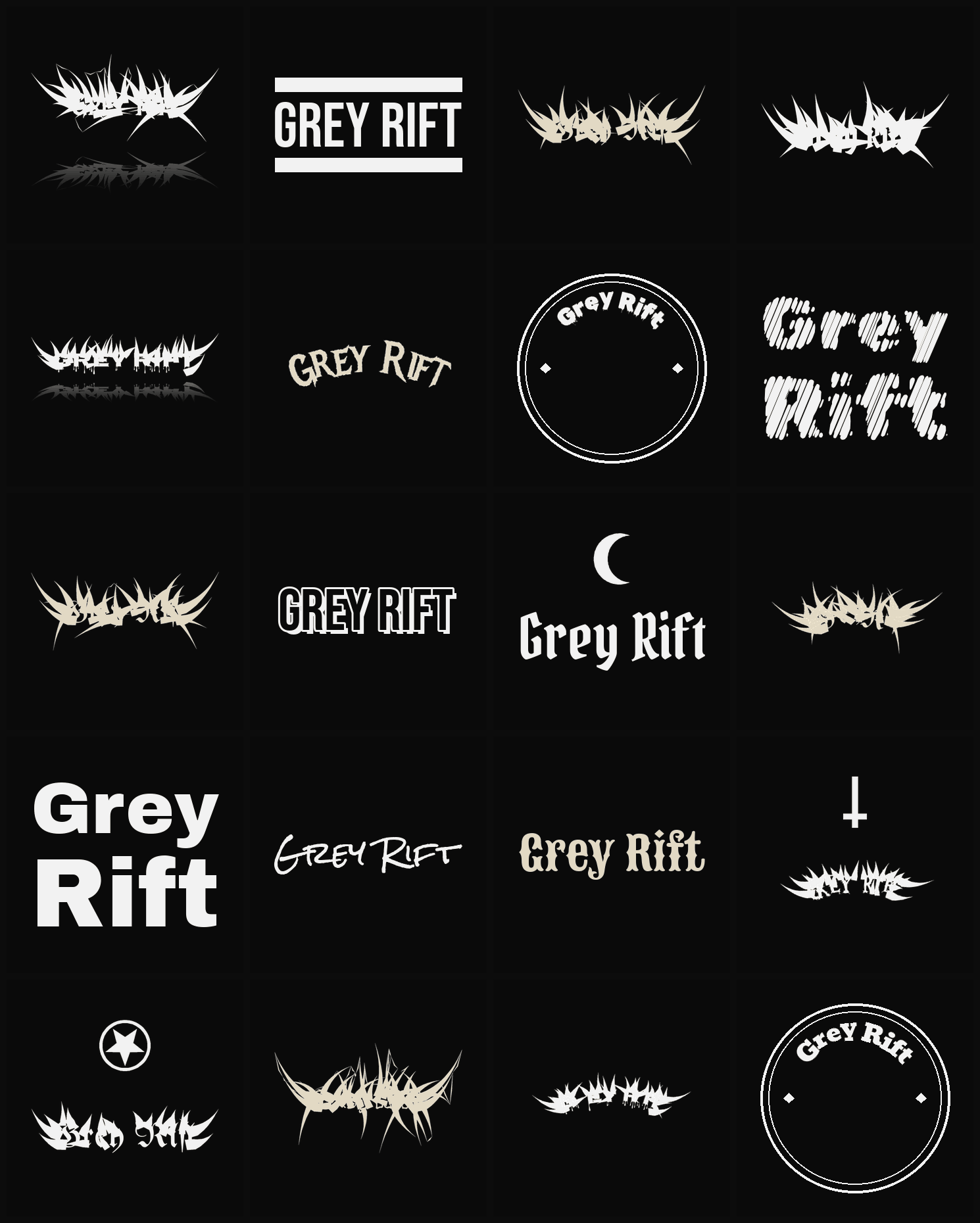 Twenty Grey Rift band logo ideas — different faces, treatments and spike settings