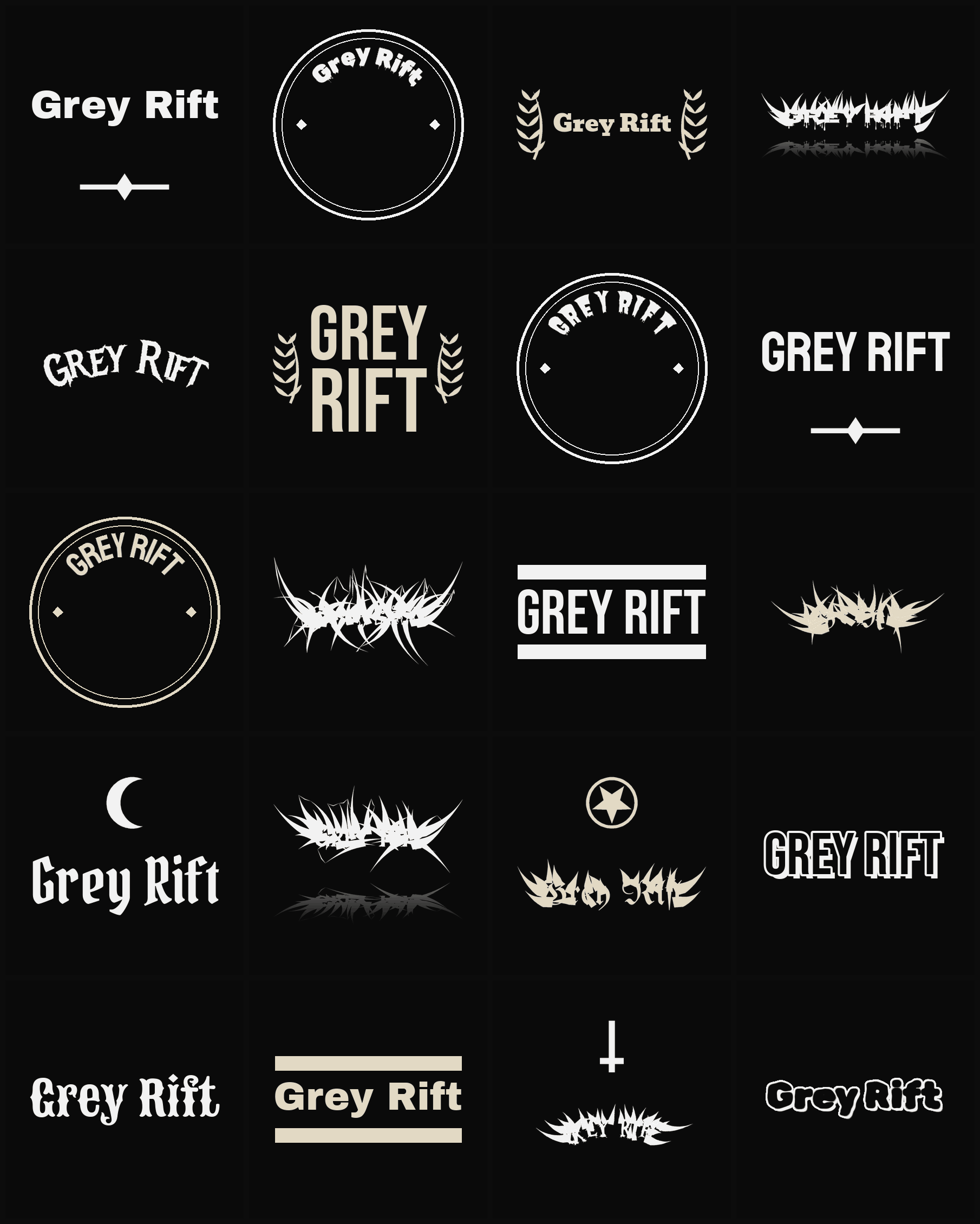 Twenty Grey Rift band logo ideas — different faces, treatments and spike settings