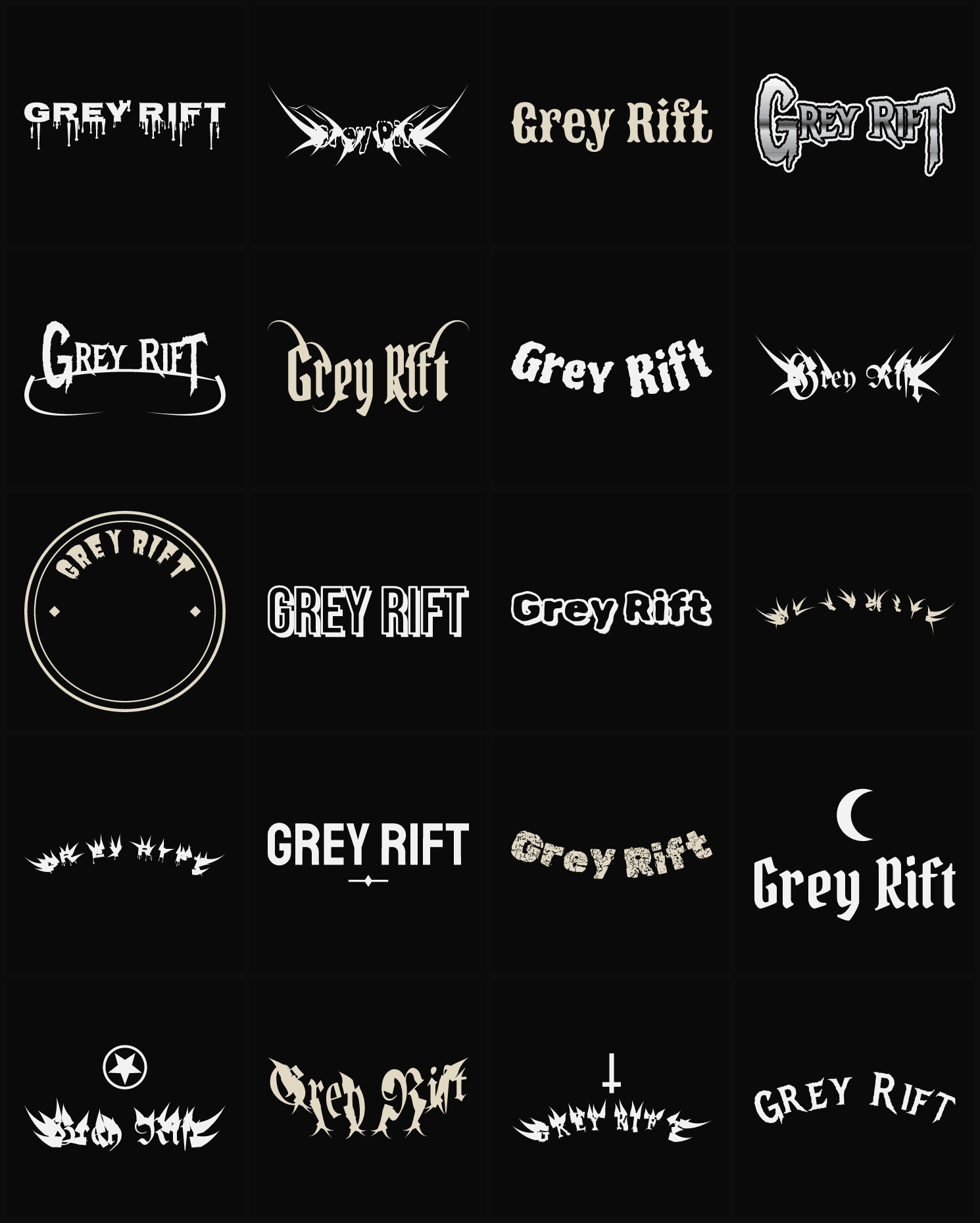 Twenty Grey Rift band logo ideas — different faces, treatments and spike settings