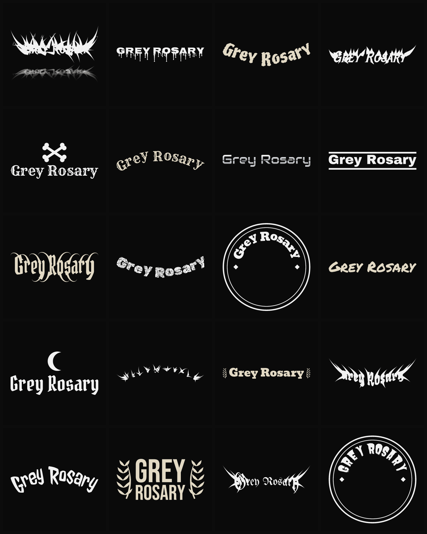 Twenty Grey Rosary band logo ideas — different faces, treatments and spike settings