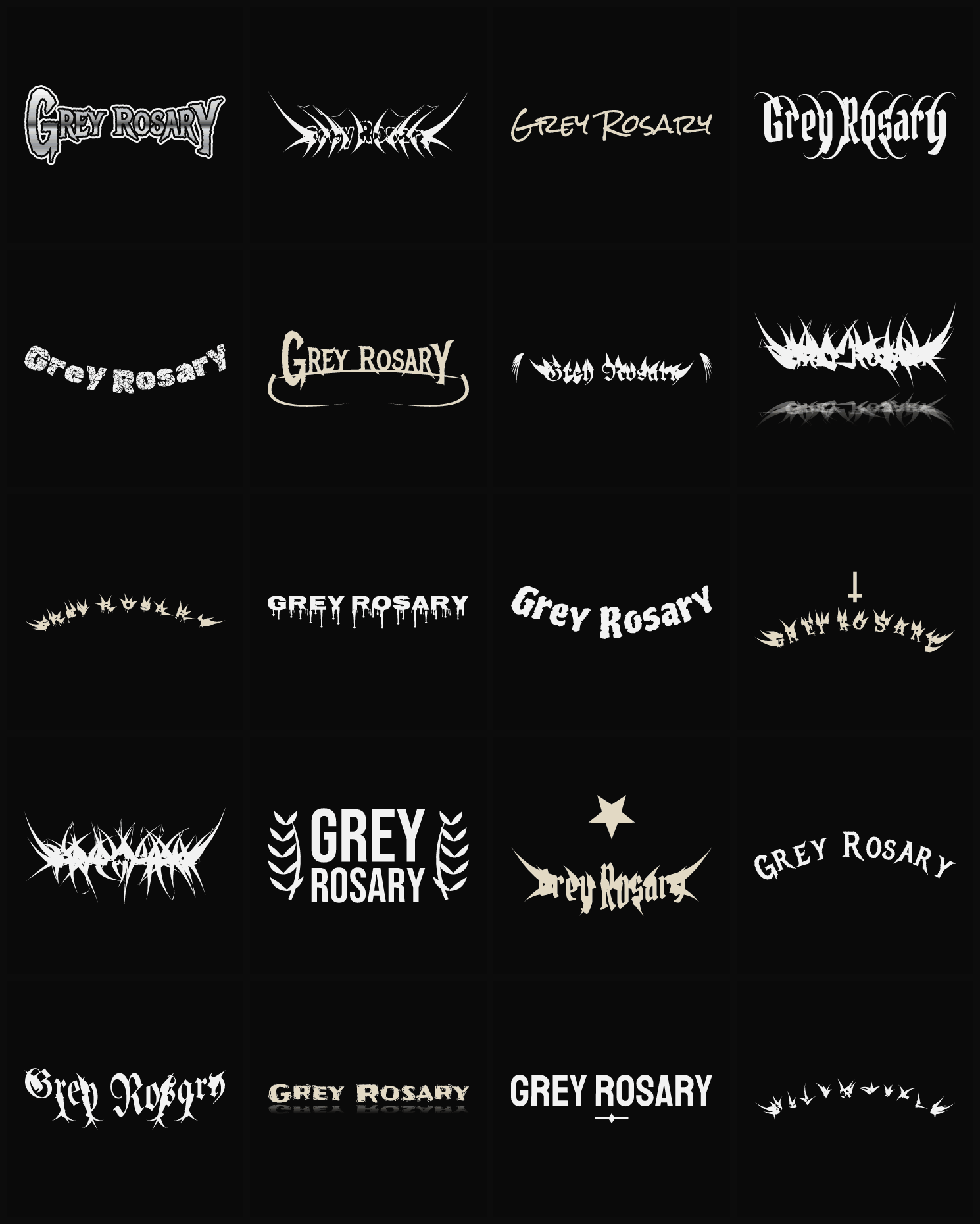 Twenty Grey Rosary band logo ideas — different faces, treatments and spike settings