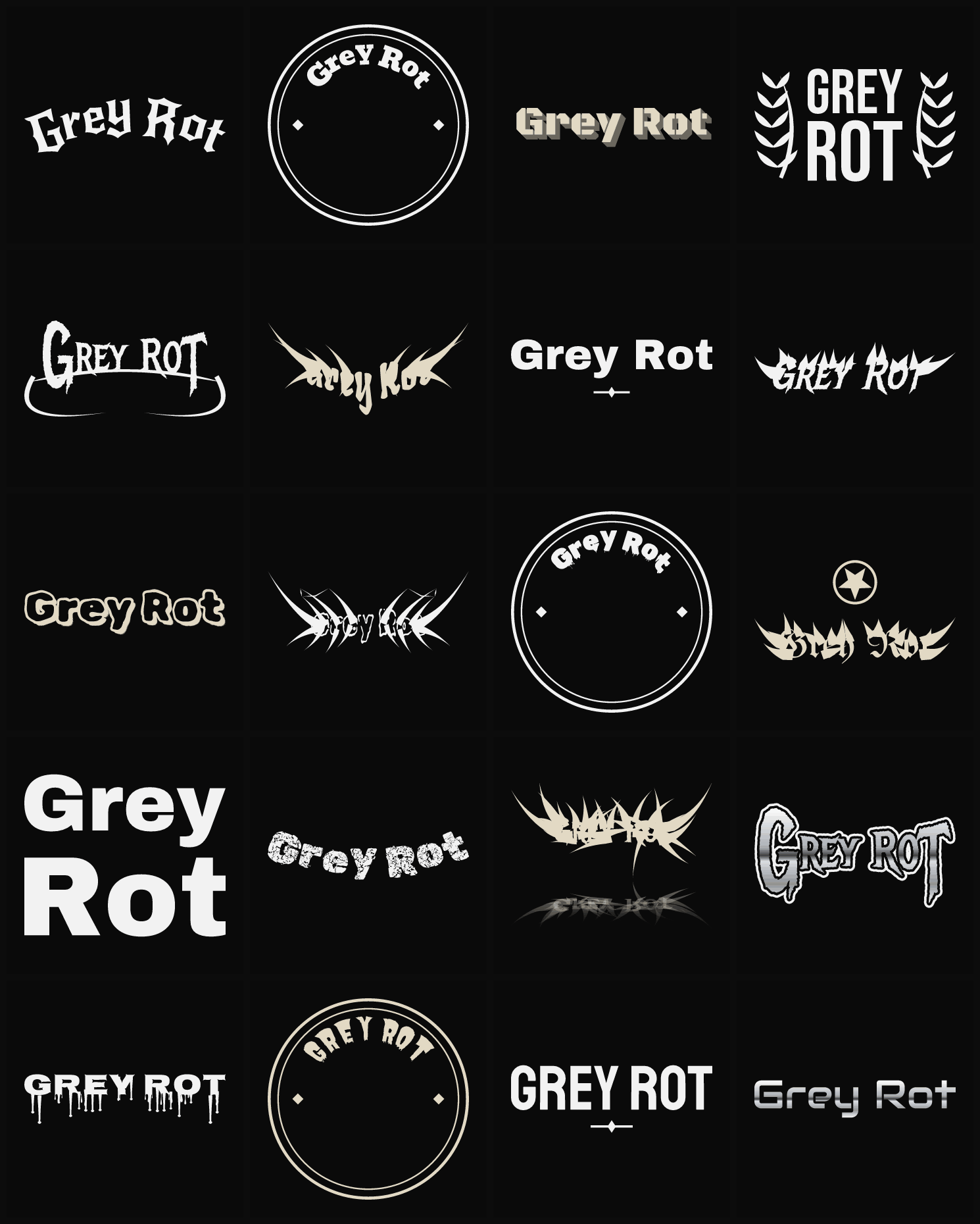 Twenty Grey Rot band logo ideas — different faces, treatments and spike settings