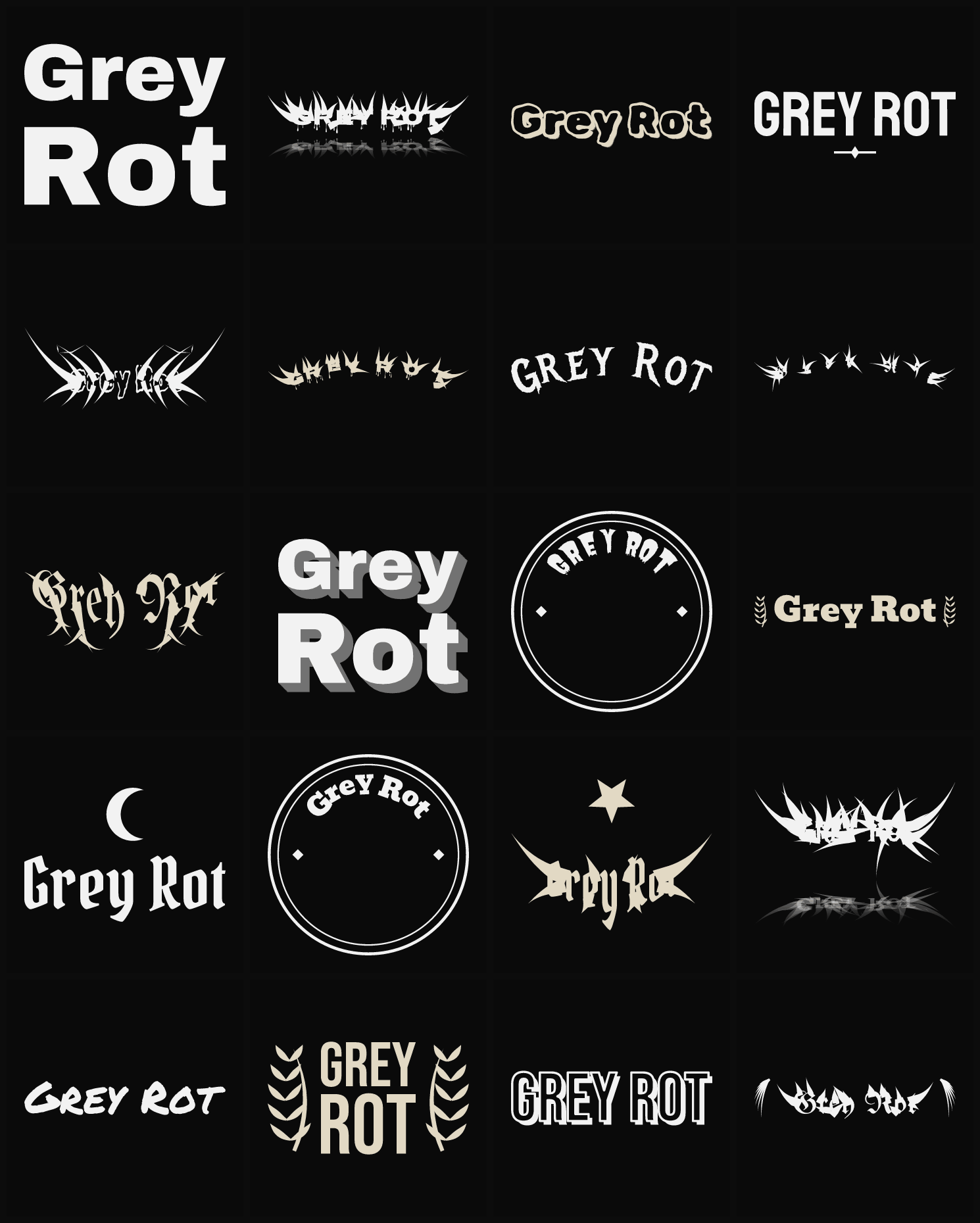 Twenty Grey Rot band logo ideas — different faces, treatments and spike settings