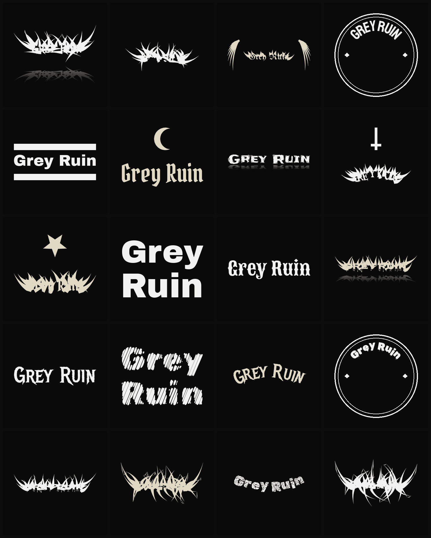 Twenty Grey Ruin band logo ideas — different faces, treatments and spike settings