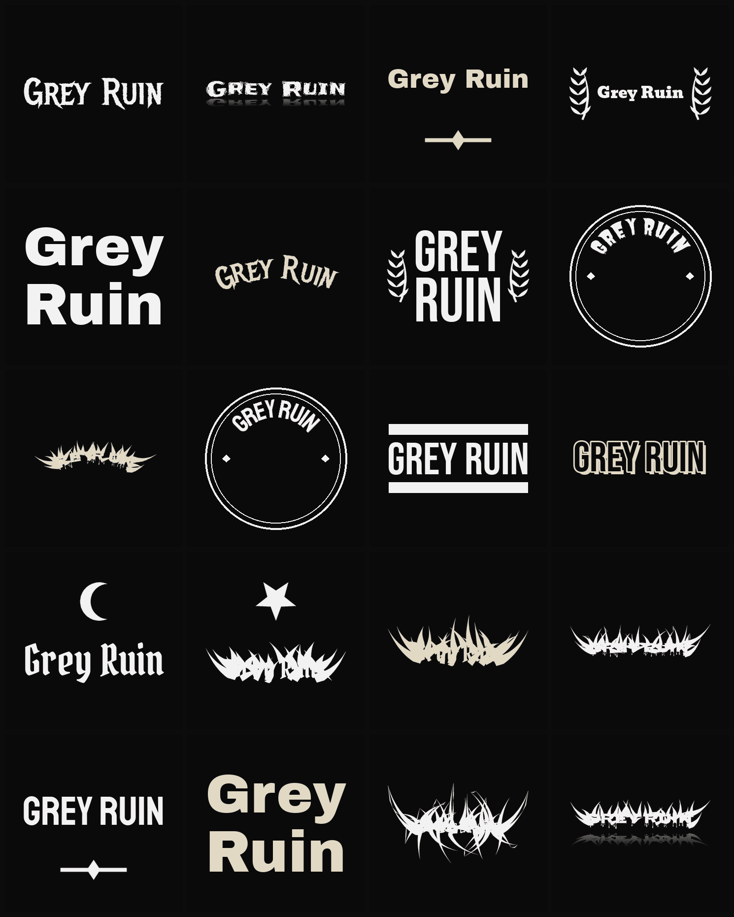 Twenty Grey Ruin band logo ideas — different faces, treatments and spike settings