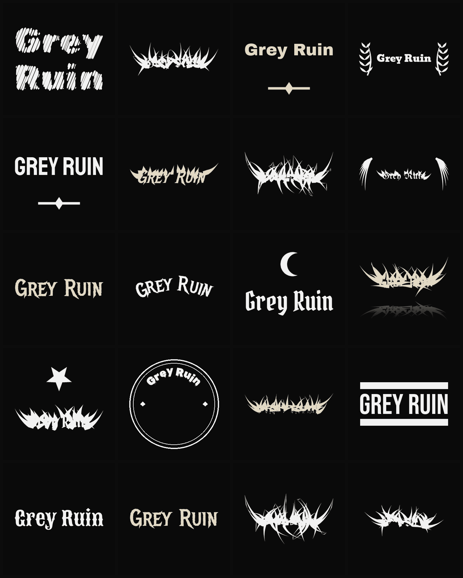 Twenty Grey Ruin band logo ideas — different faces, treatments and spike settings