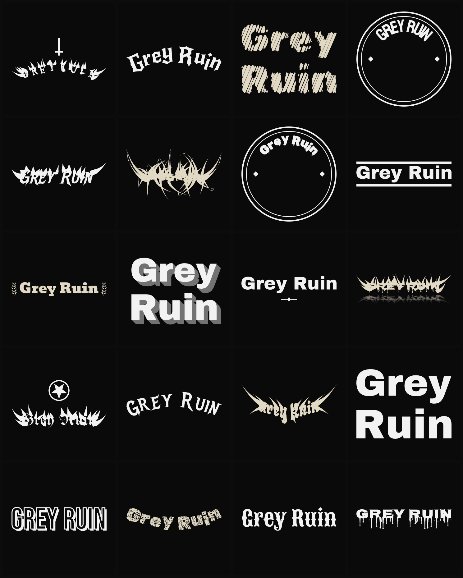 Twenty Grey Ruin band logo ideas — different faces, treatments and spike settings